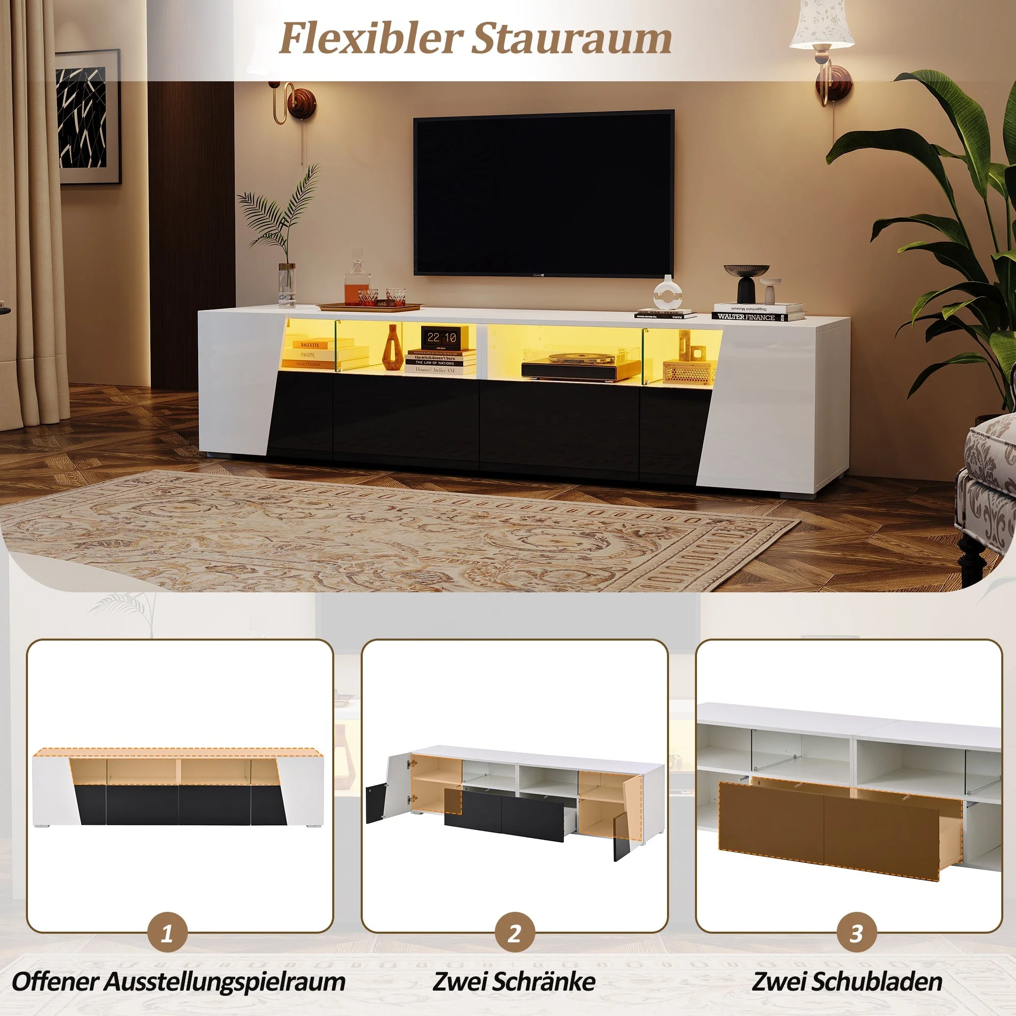 High-Gloss TV Stand 180cm LED 2 Drawers 2 Cabinets For 80 Inch TV - White/Black - Image 10