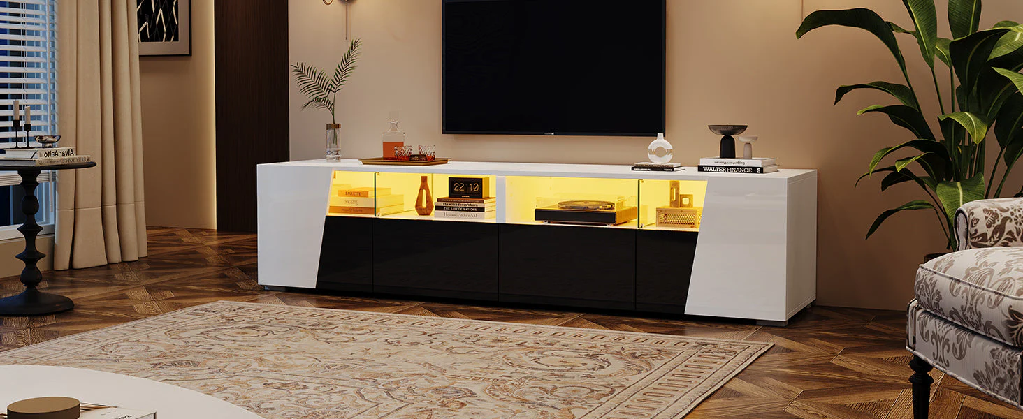 High-Gloss TV Stand 180cm LED 2 Drawers 2 Cabinets For 80 Inch TV - White/Black - Image 7