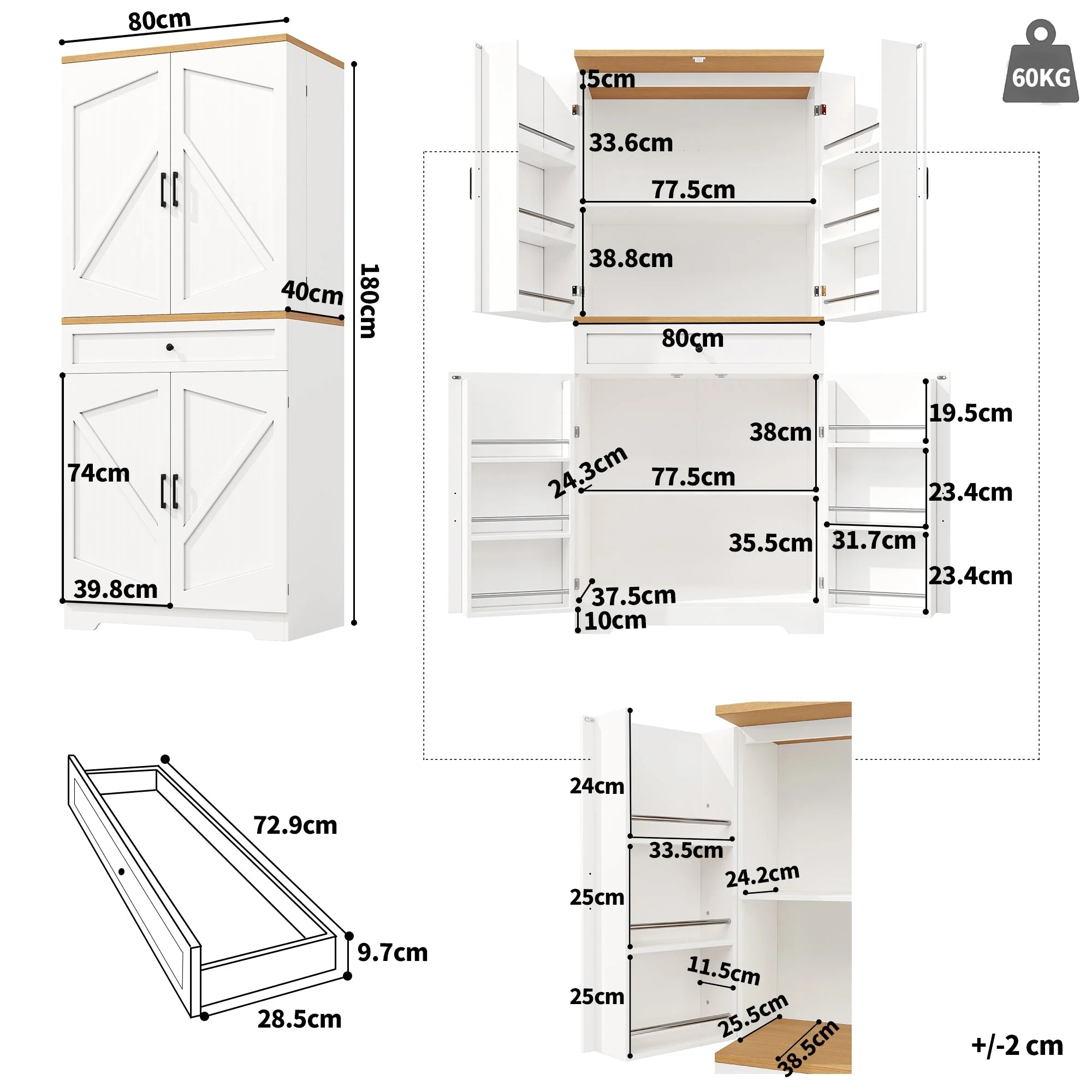 High Kitchen Cabinet 12 Doors & Drawers 80x40x180cm - MDF/Chipboard - Image 4