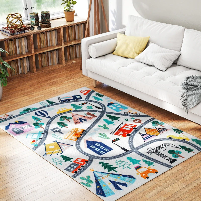 Highway Pattern Rug, Soft Fleece Easy Care, White Colorful - Image 7