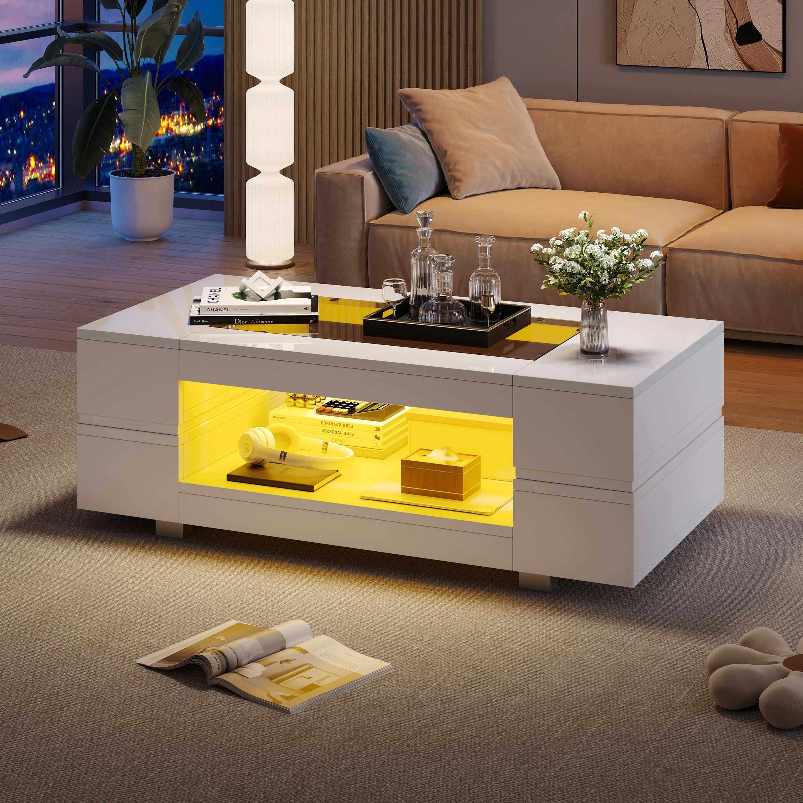 Hollow Coffee Table with Open Storage LED High Gloss Glass Top, White MDF+Glass - Image 3