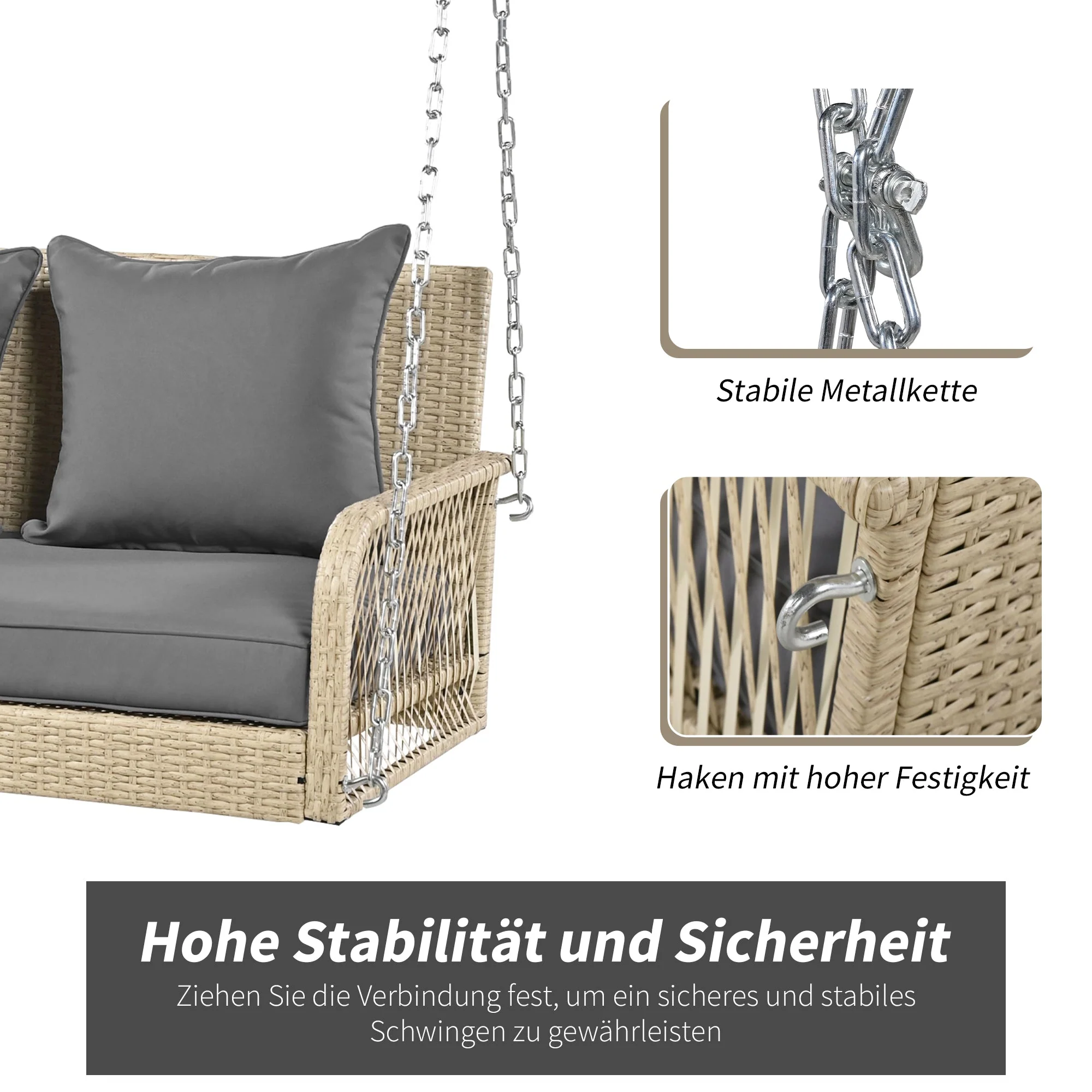 Hollywood Swing 2-Seater Outdoor Rattan, Beige/Grey Cushion - Image 5