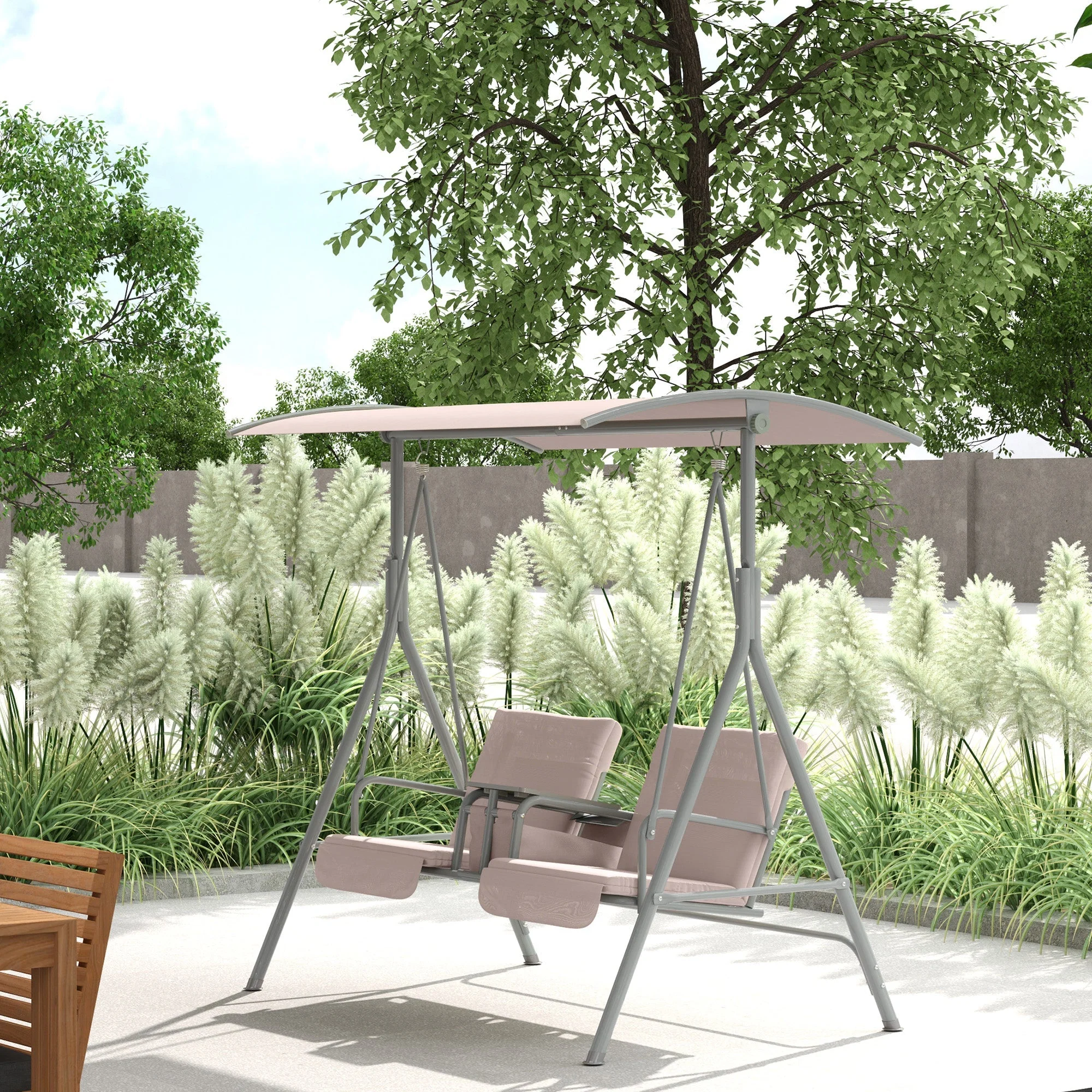 Hollywood Swing 2-Seater with Sunshade, Cup Holder, 180kg Capacity, Beige - Image 8