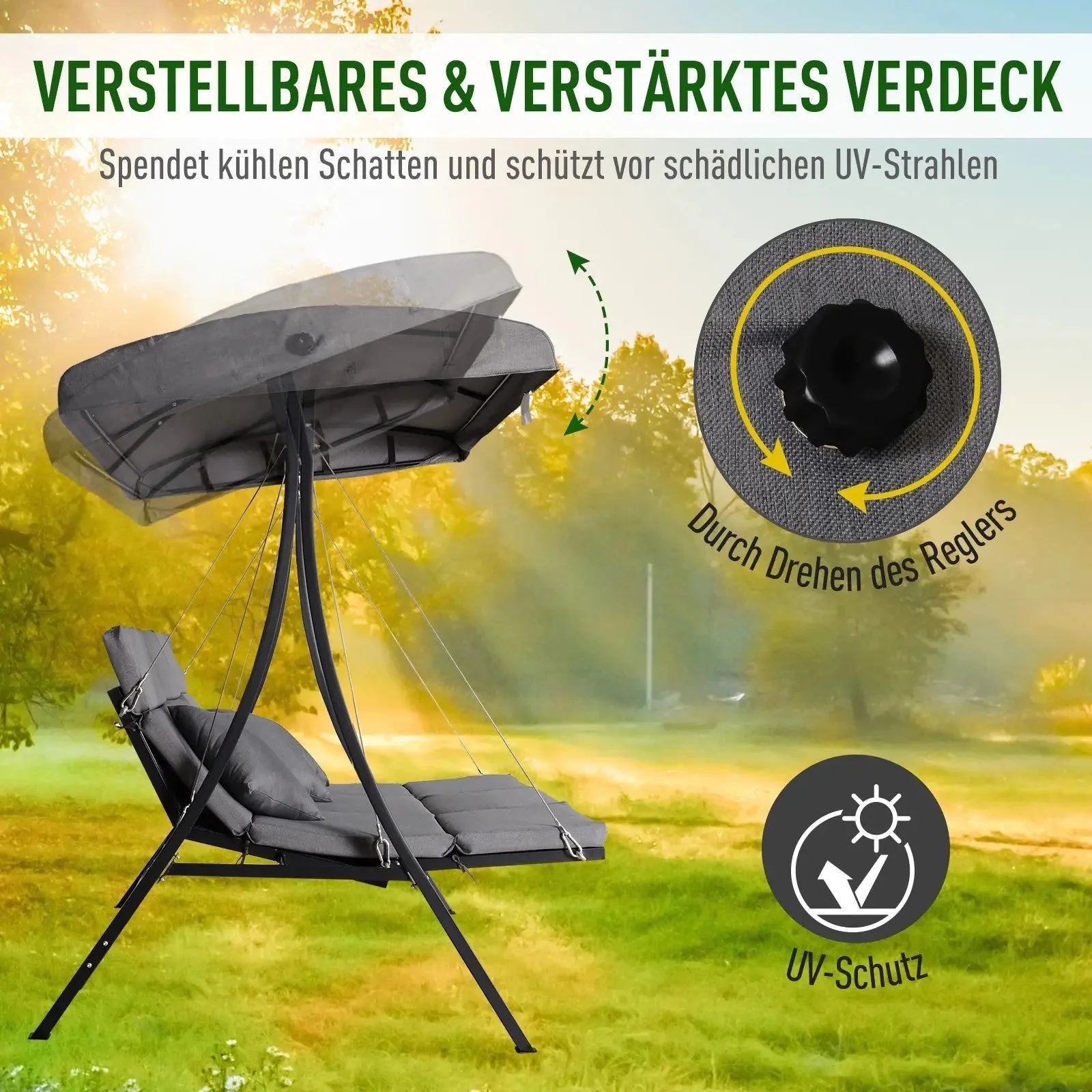 Hollywood Swing 3-Seater, Adjustable Sunshade Cushions, 270 kg Load Capacity - Image 5