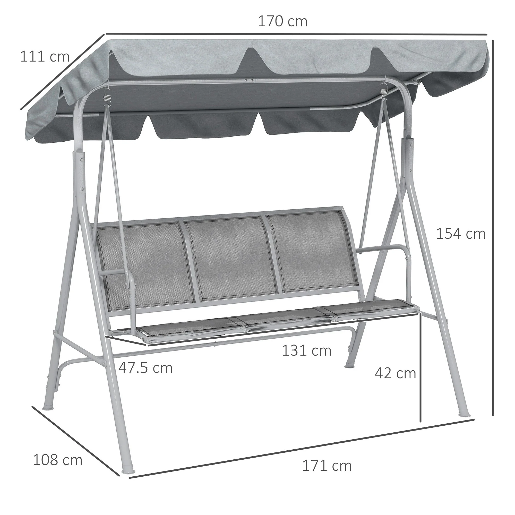 Hollywood Swing 3-Seater Garden Canopy 170x110x153cm, Metal Grey Silver - Image 3