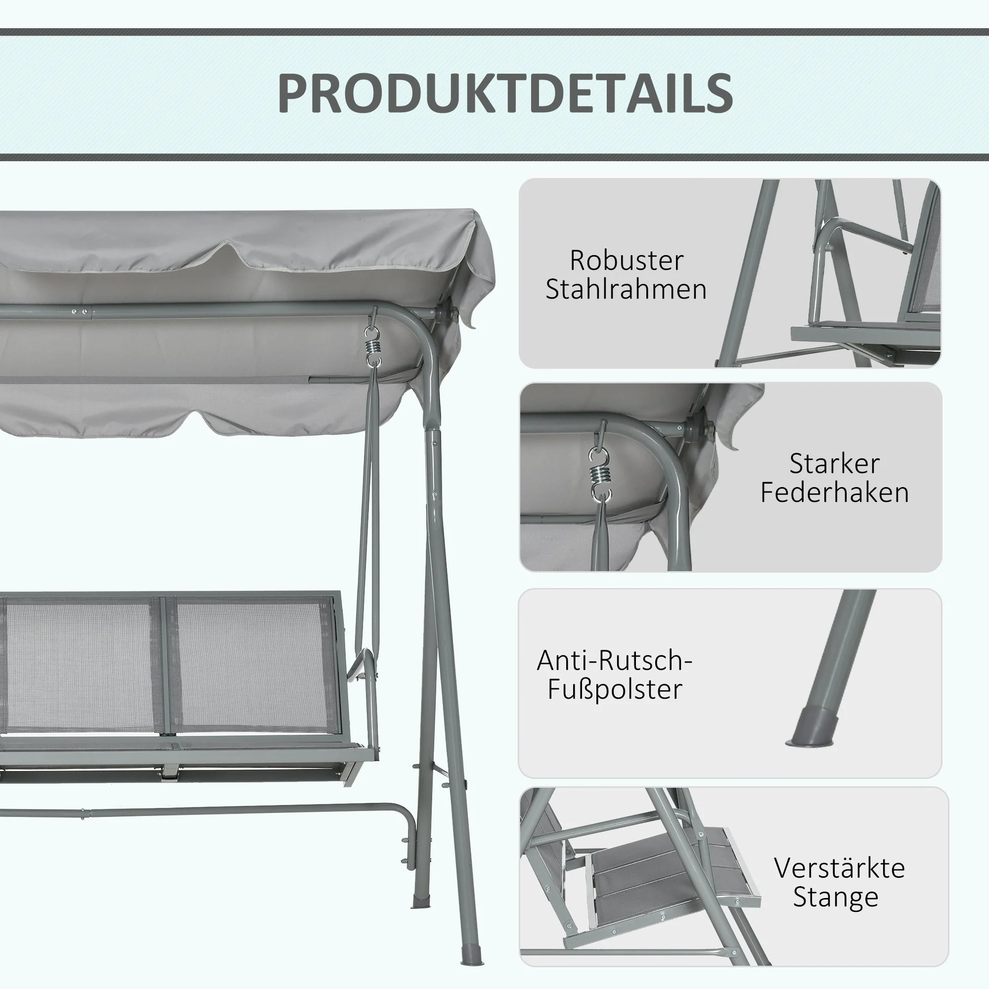 Hollywood Swing 3-Seater Garden Canopy 170x110x153cm, Metal Grey Silver - Image 6