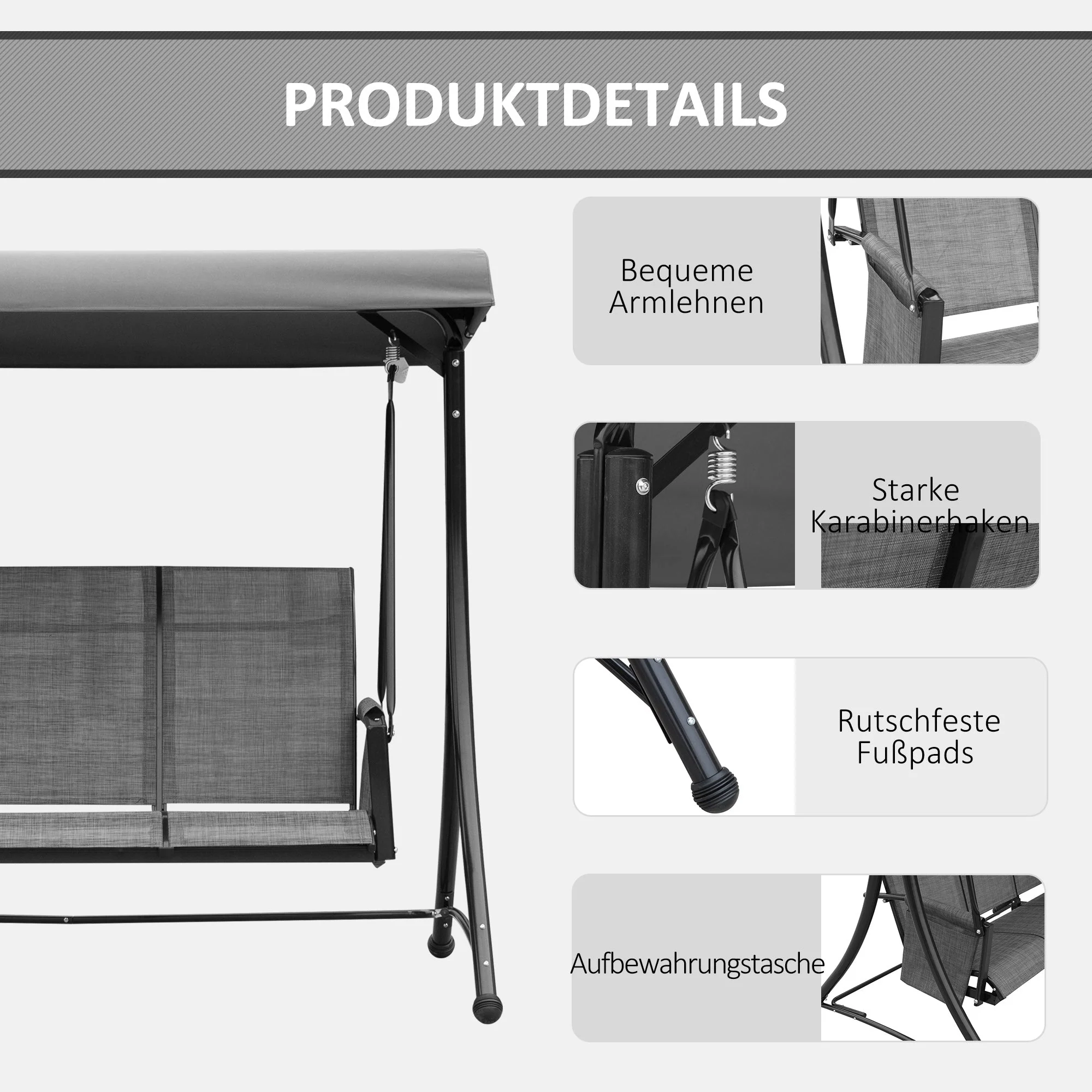 Hollywood Swing 3-Seater Garden Sunshade Storage Aluminum, Grey - Image 6
