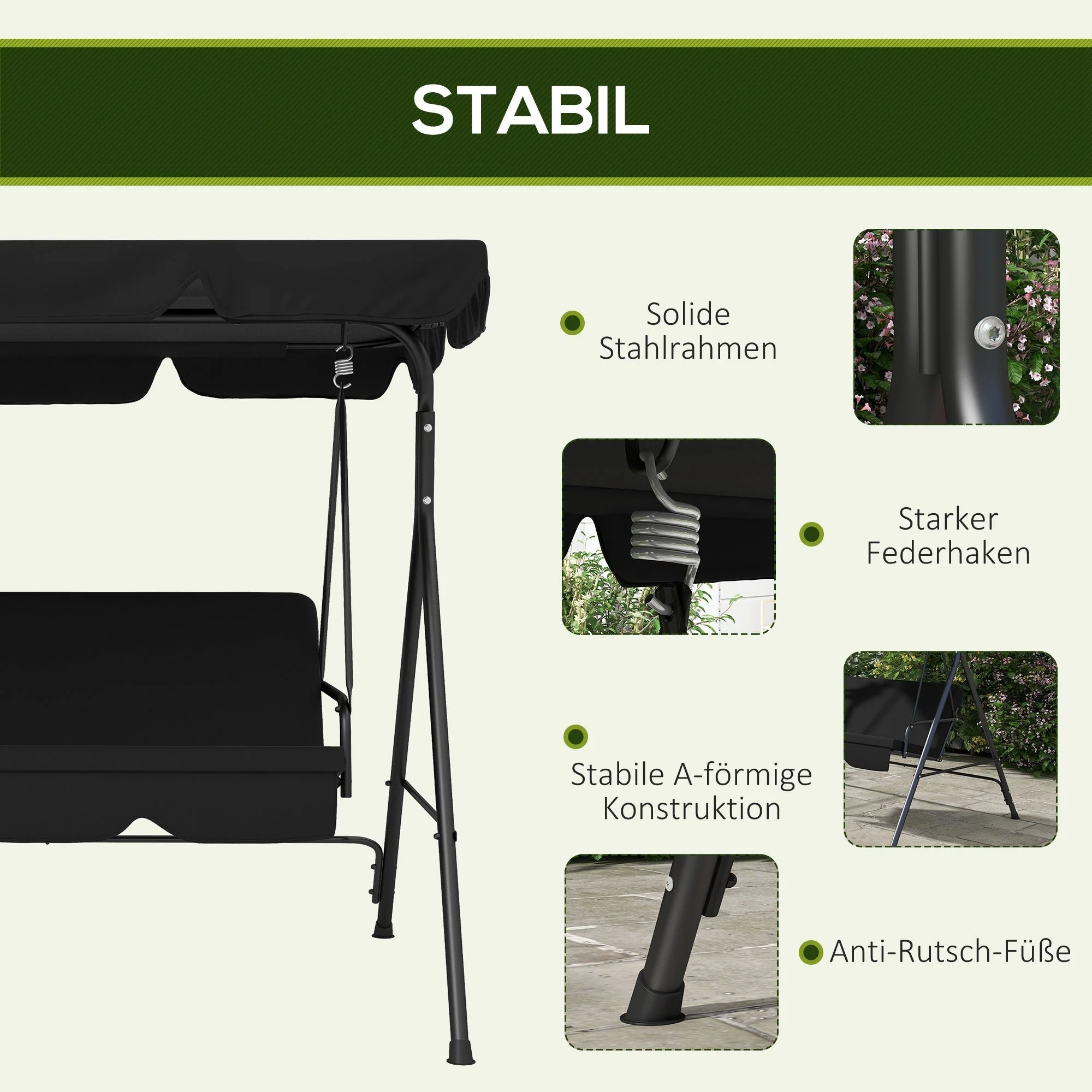 Hollywood Swing 3-Seater Garden Swing Adjustable Canopy Steel Construction, Black - Image 5