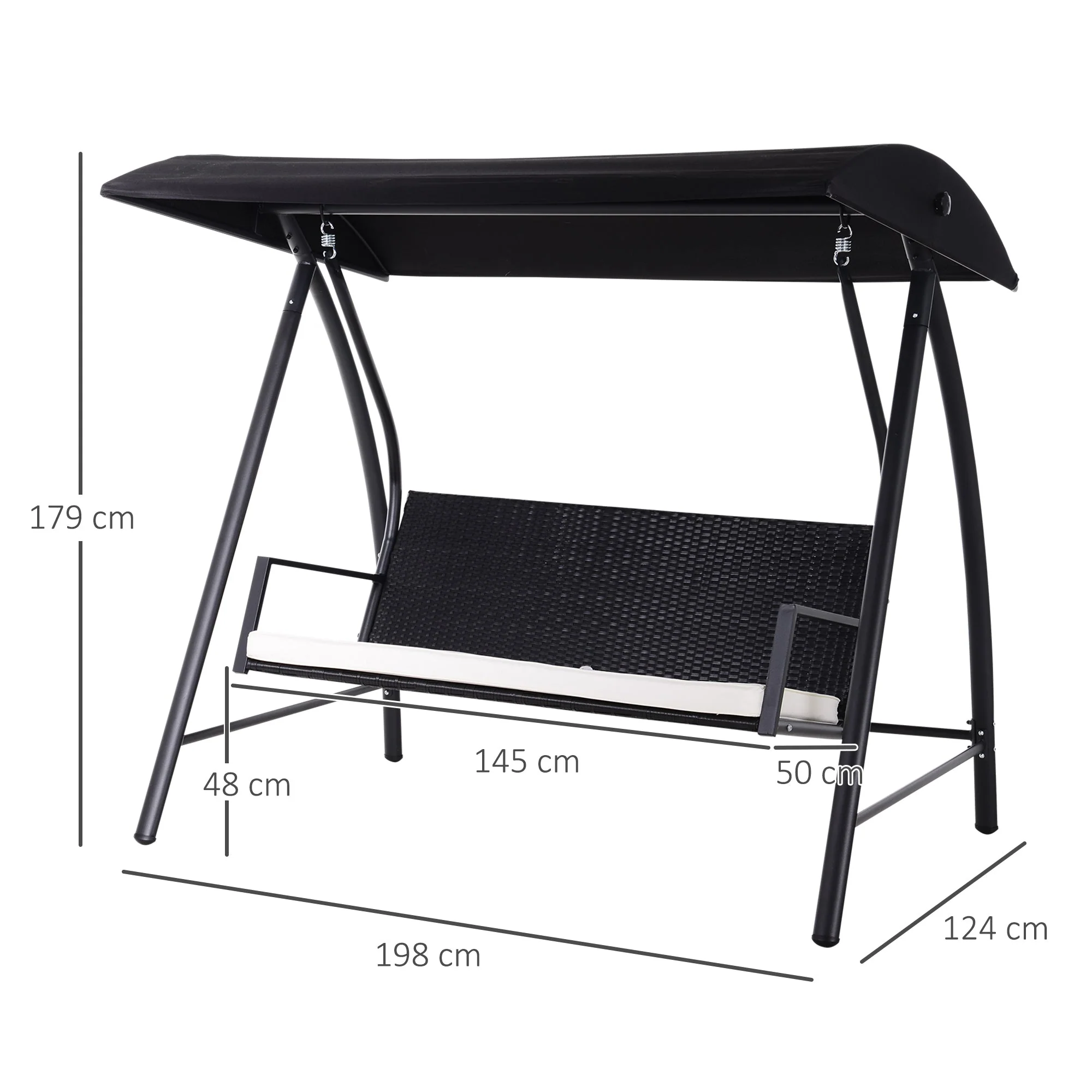Hollywood Swing 3-Seater Garden Swing with Canopy, Black Polyrattan and Metal - Image 3