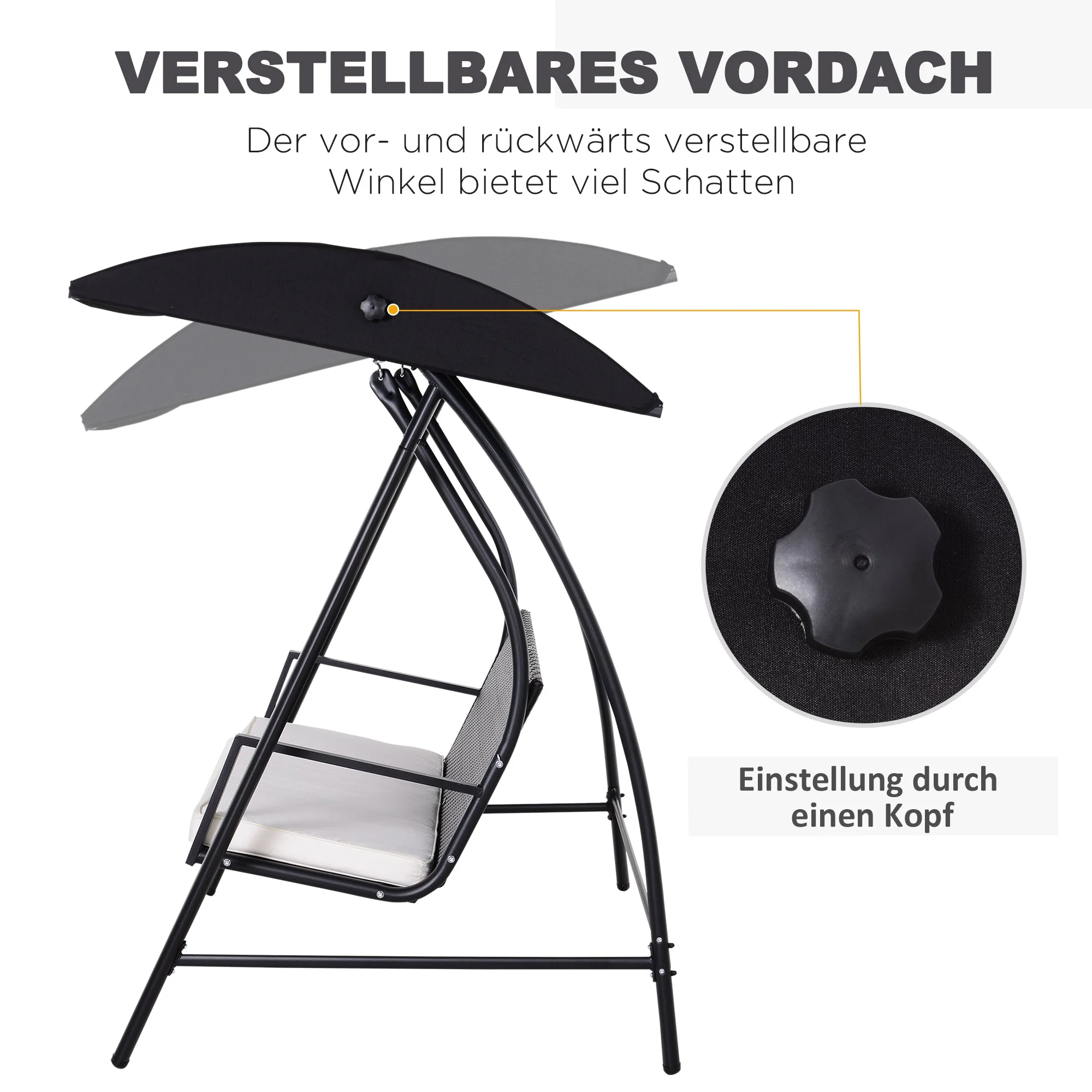 Hollywood Swing 3-Seater Garden Swing with Canopy, Black Polyrattan and Metal - Image 4