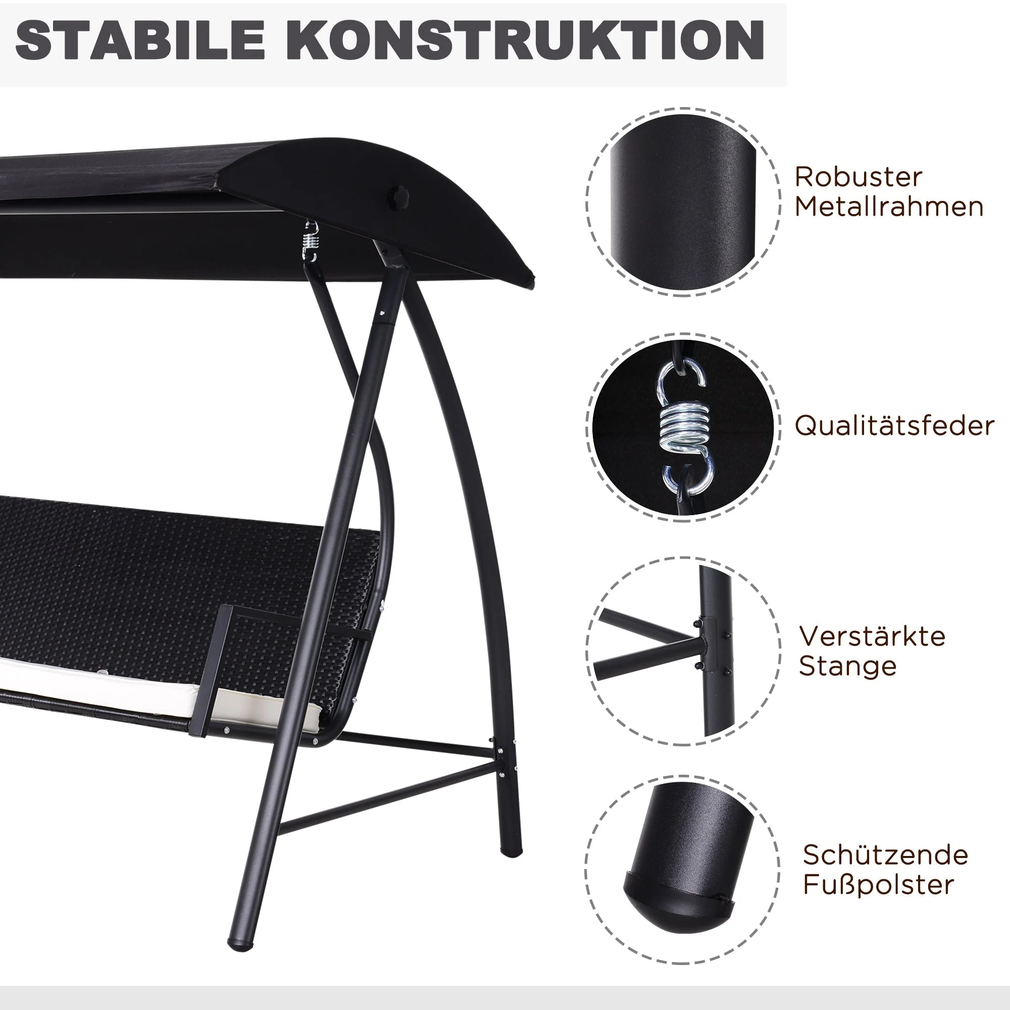 Hollywood Swing 3-Seater Garden Swing with Canopy, Black Polyrattan and Metal - Image 6