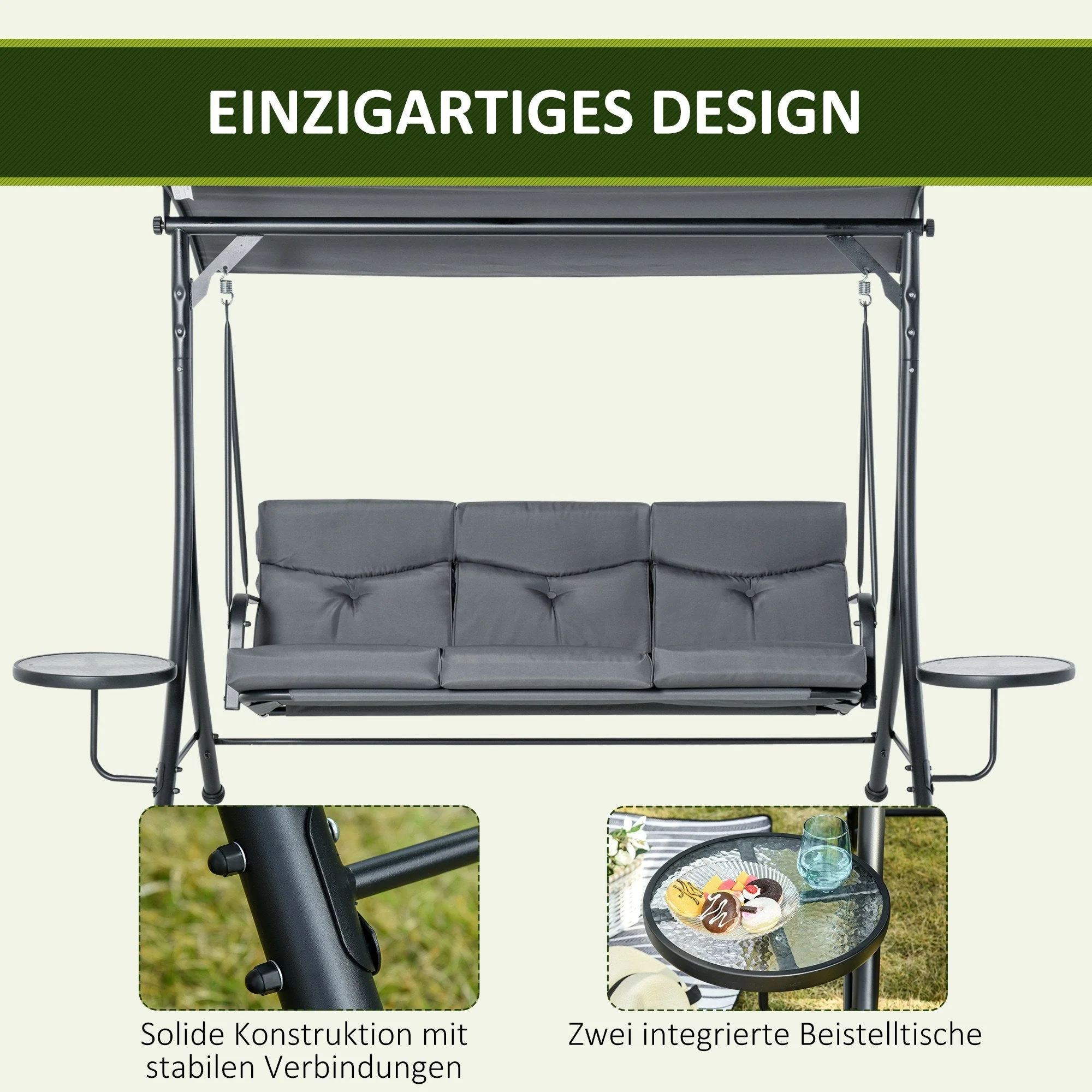 Hollywood Swing 3-Seater with Adjustable Sunshade, Tea Table, Steel Polyester Grey/Black - Image 5