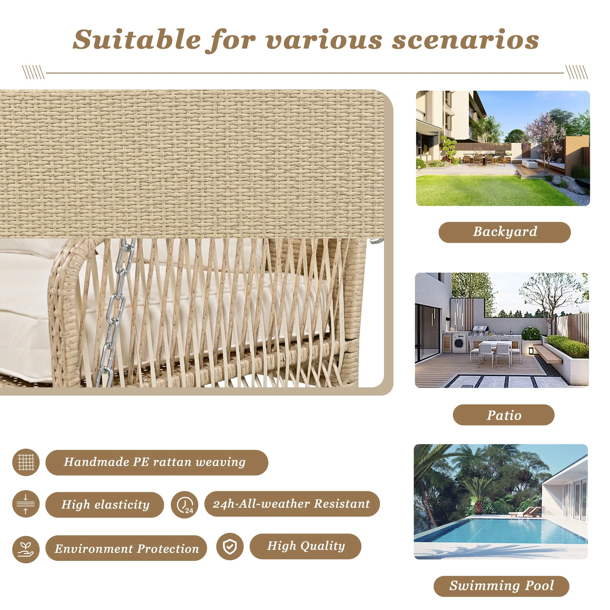Hollywood Swing Garden Set 2-Seater Outdoor Rattan with Removable Cushions, Beige - Image 8