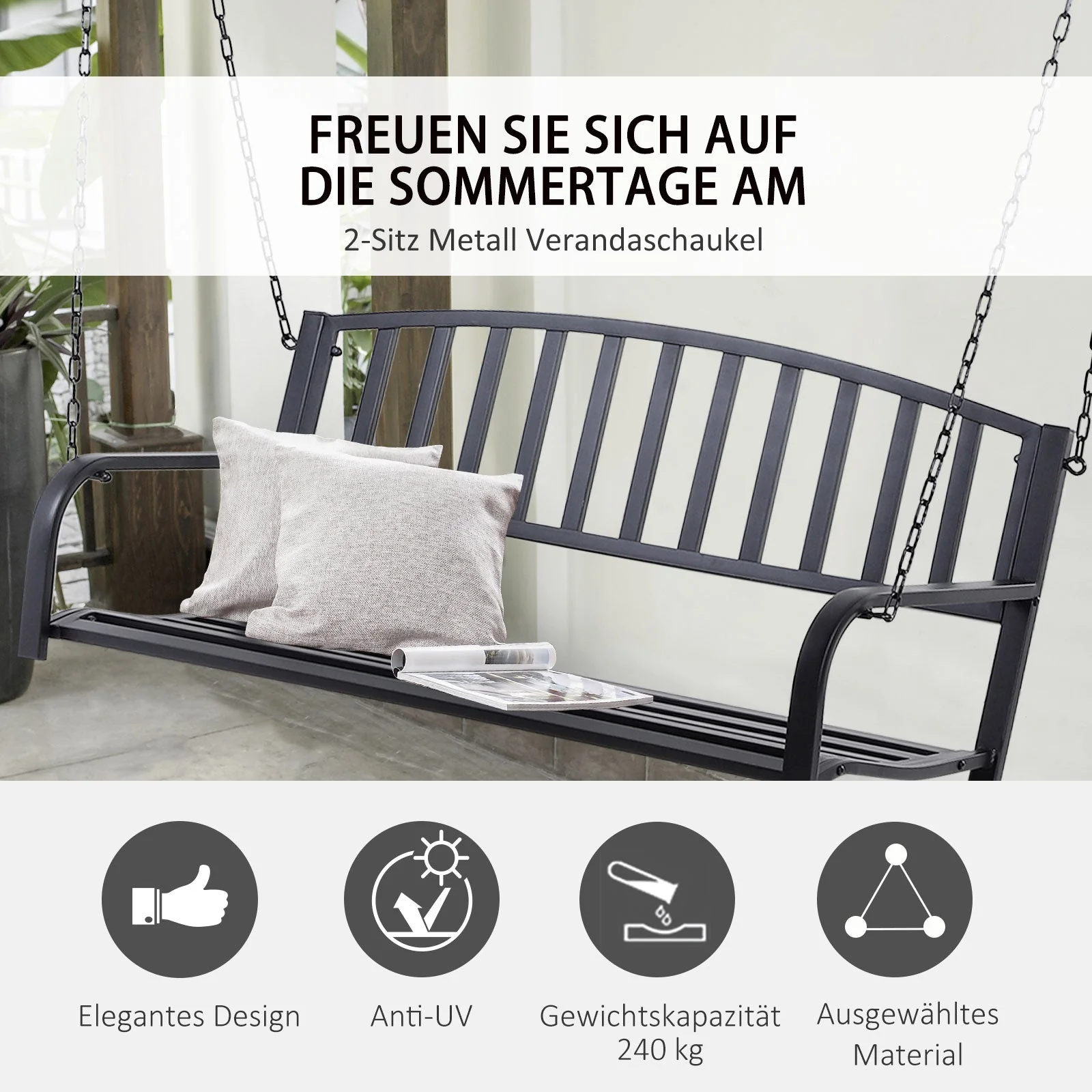 Hollywood Swing Garden Swing 2-Seater Hanging Bench Metal Black - Image 4