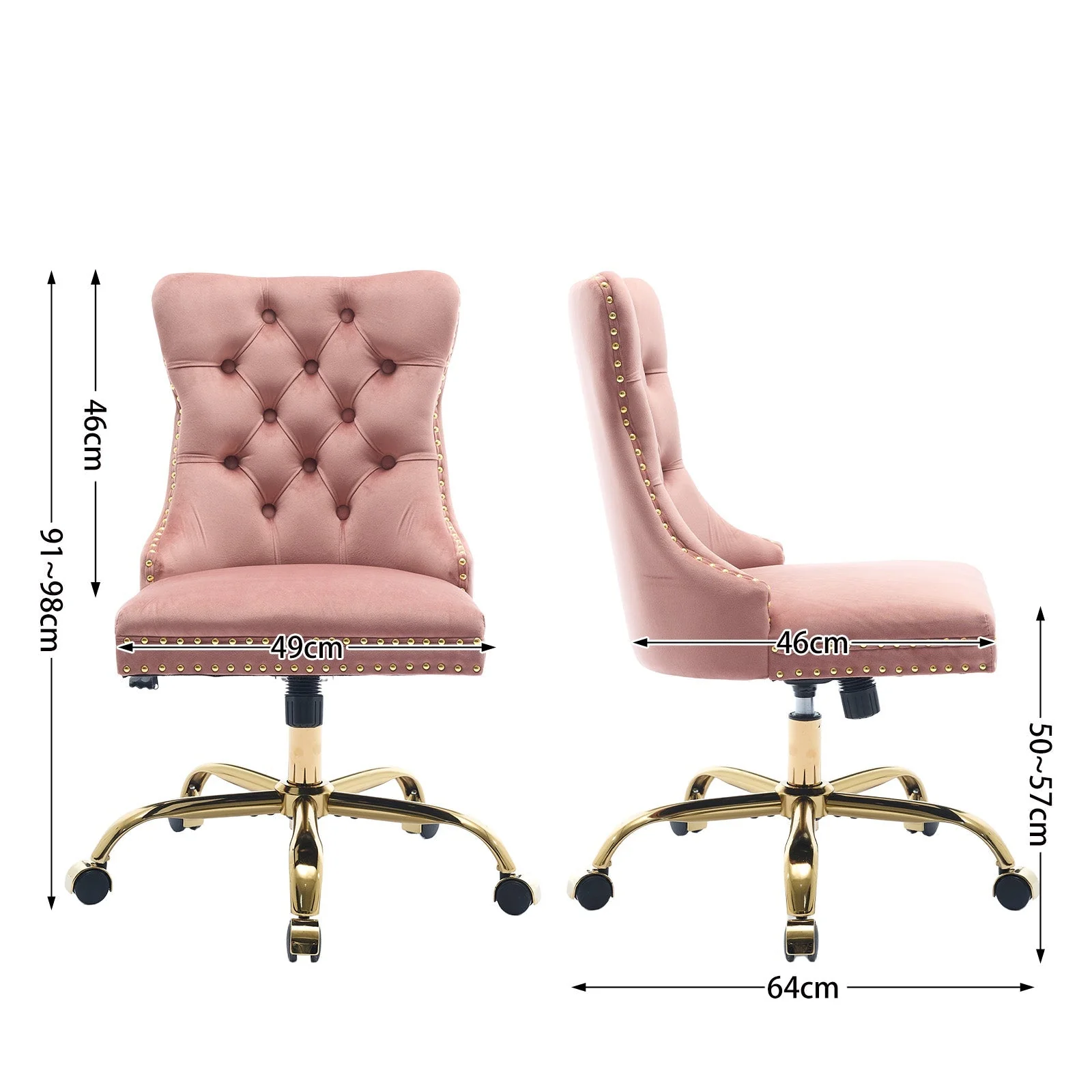 Home Office Chair Modern Velvet Upholstered Tufted Button Adjustable Swivel Golden Base - Pink - Image 8