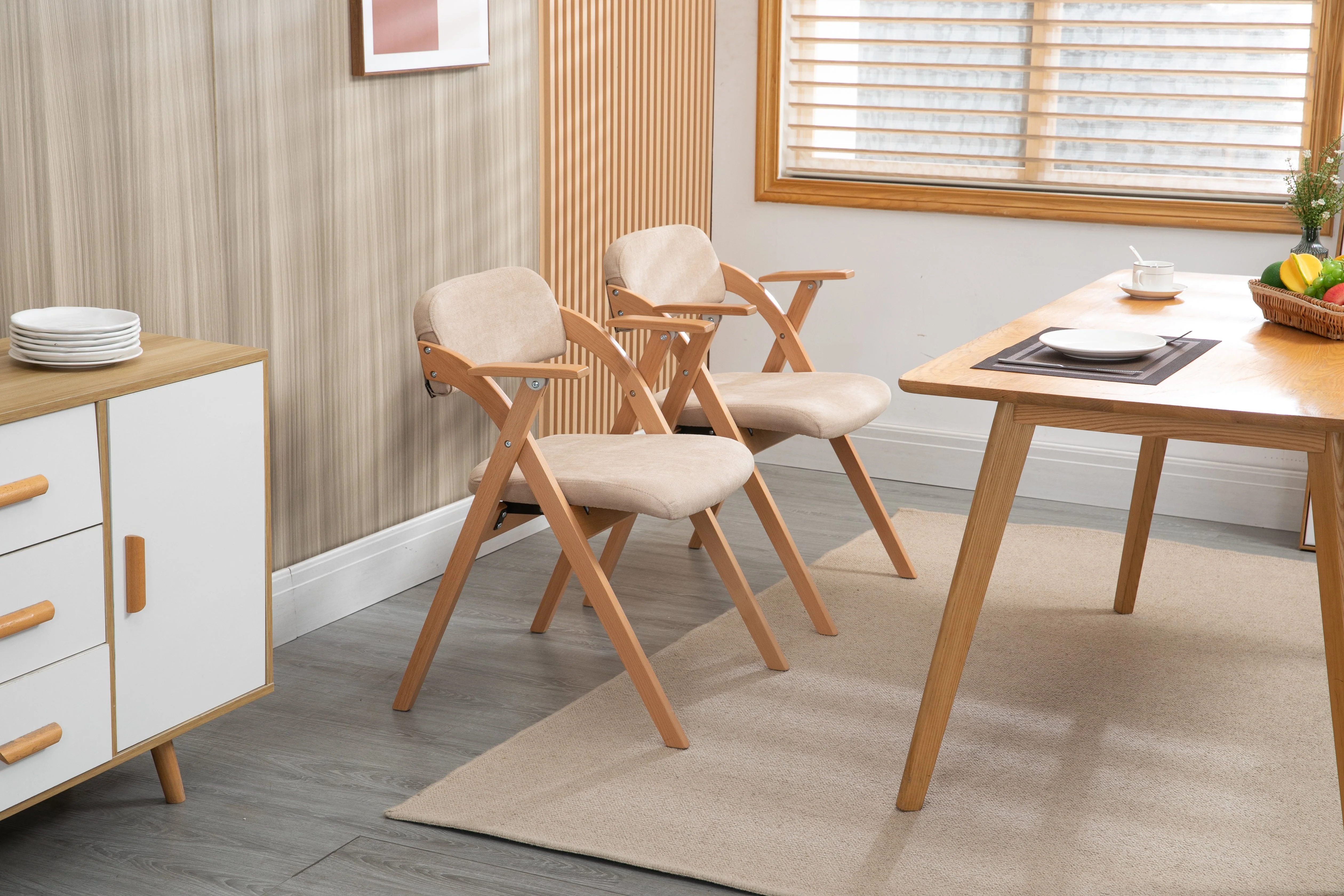 HOMEFUN Folding Dining Chairs, Padded Stackable with Armrest (Set of 2), Wooden Khaki - Image 5