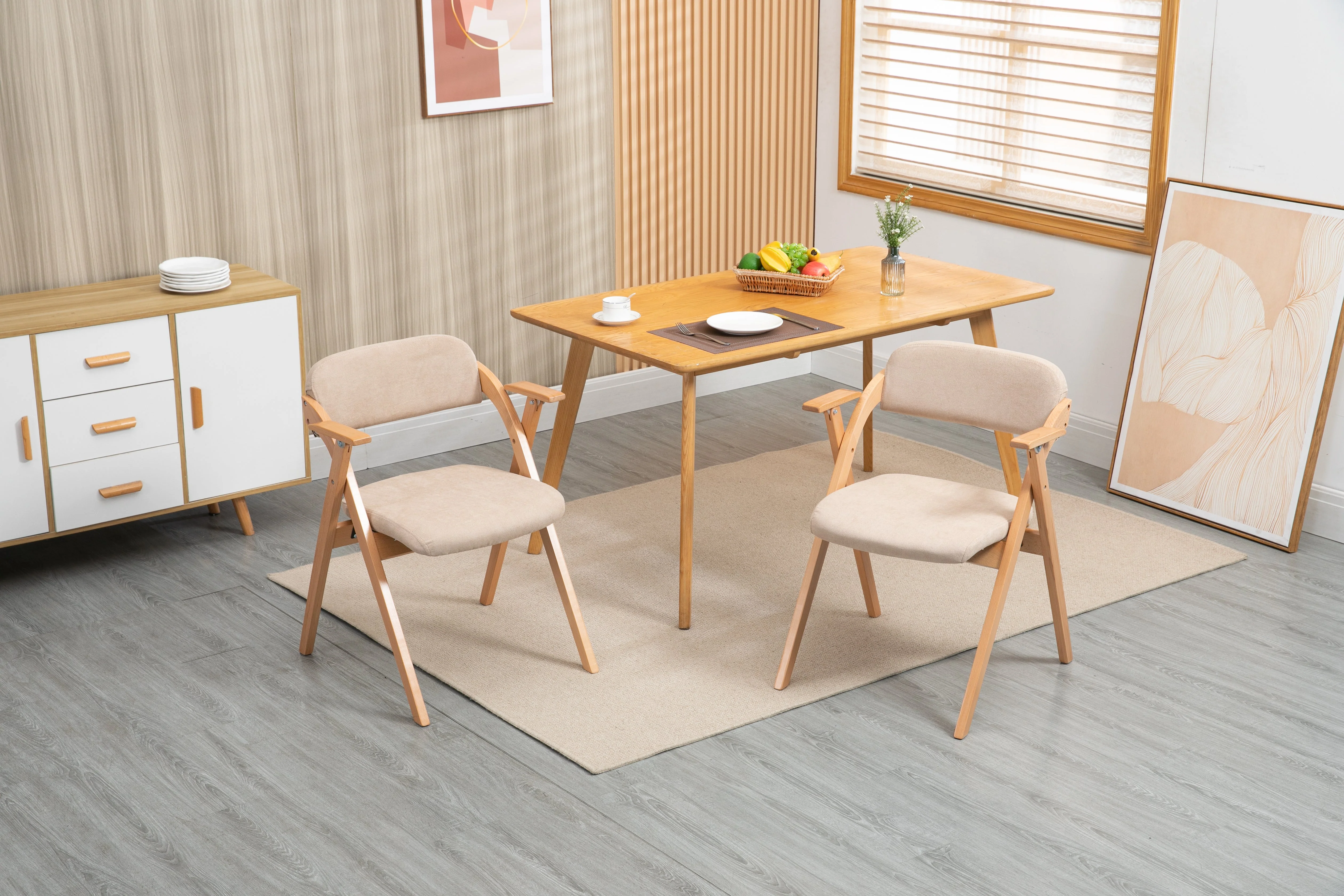 HOMEFUN Folding Dining Chairs, Padded Stackable with Armrest (Set of 2), Wooden Khaki - Image 7