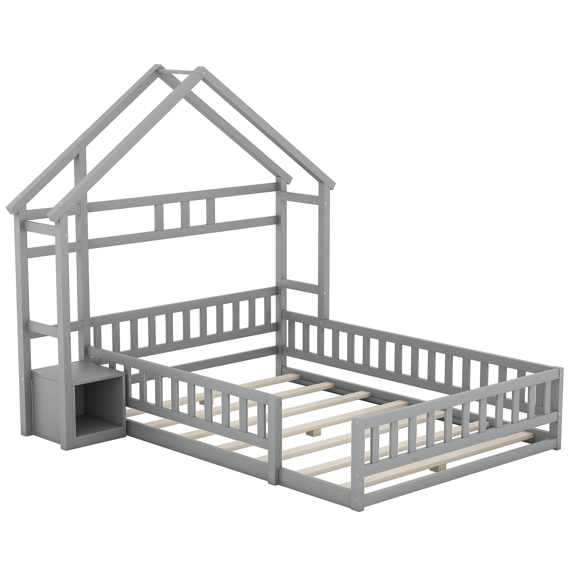 House Bed 140x190cm Railings Bedside Tables - Grey - Image 6