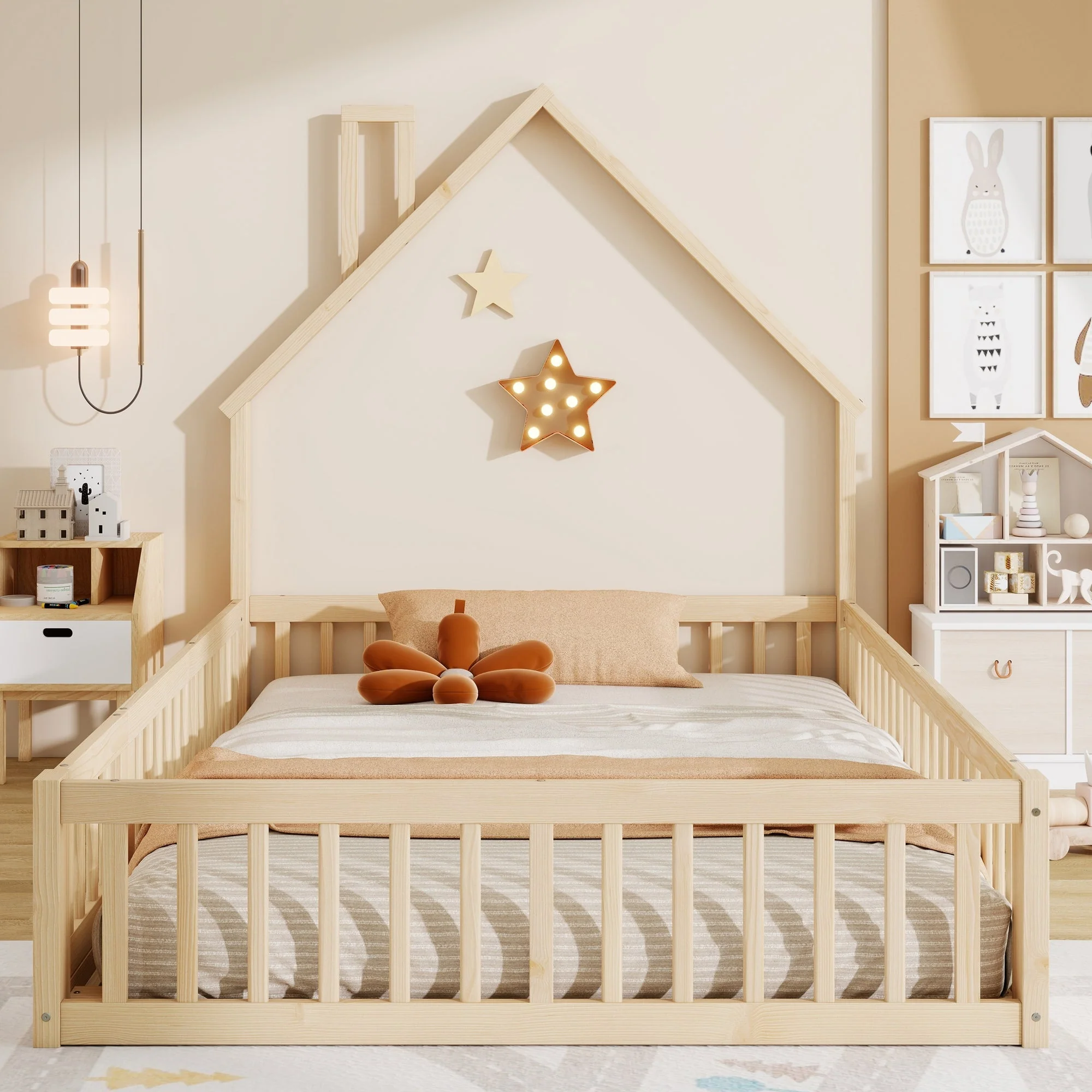 House Bed 140x200cm Chimney Shape Slatted Base Pine Wood Natural - Image 4