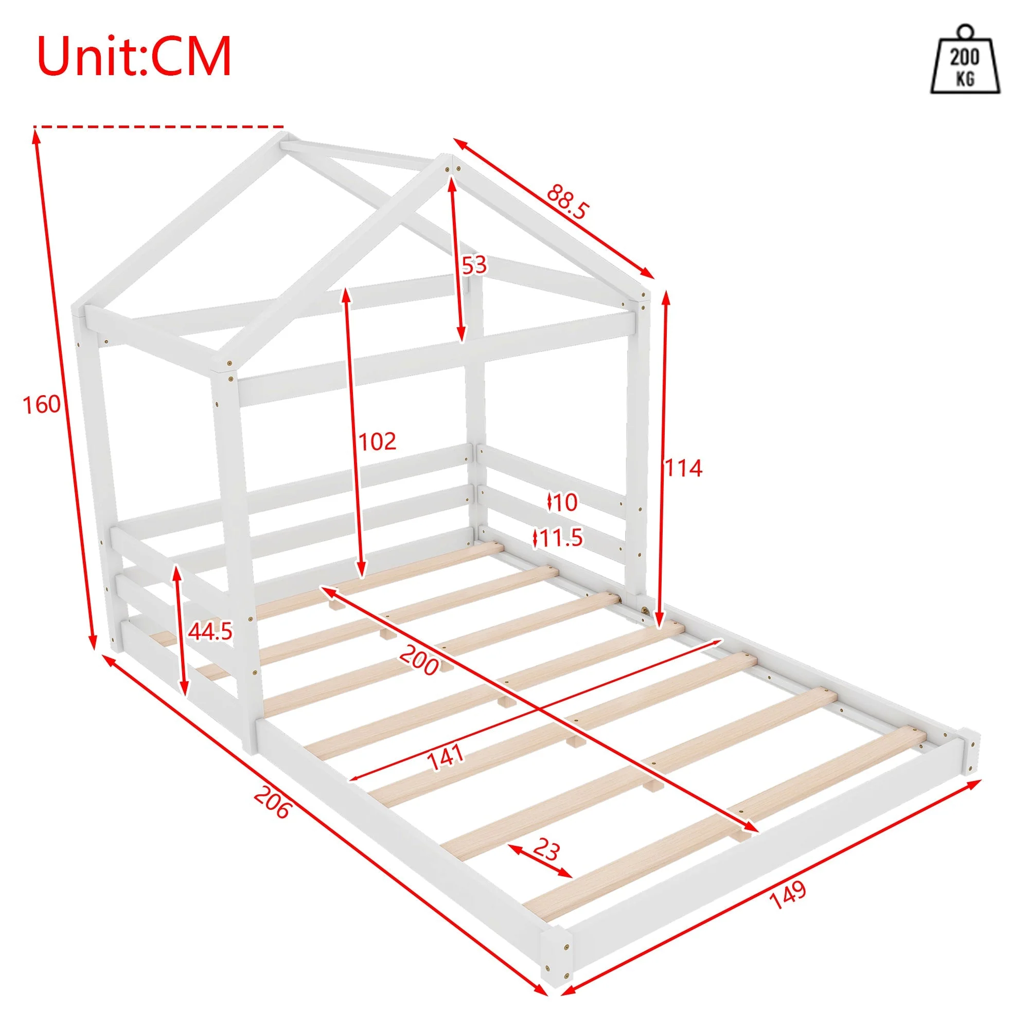 House Bed 140x200cm House Shape Slatted Base - White Pine - Image 8