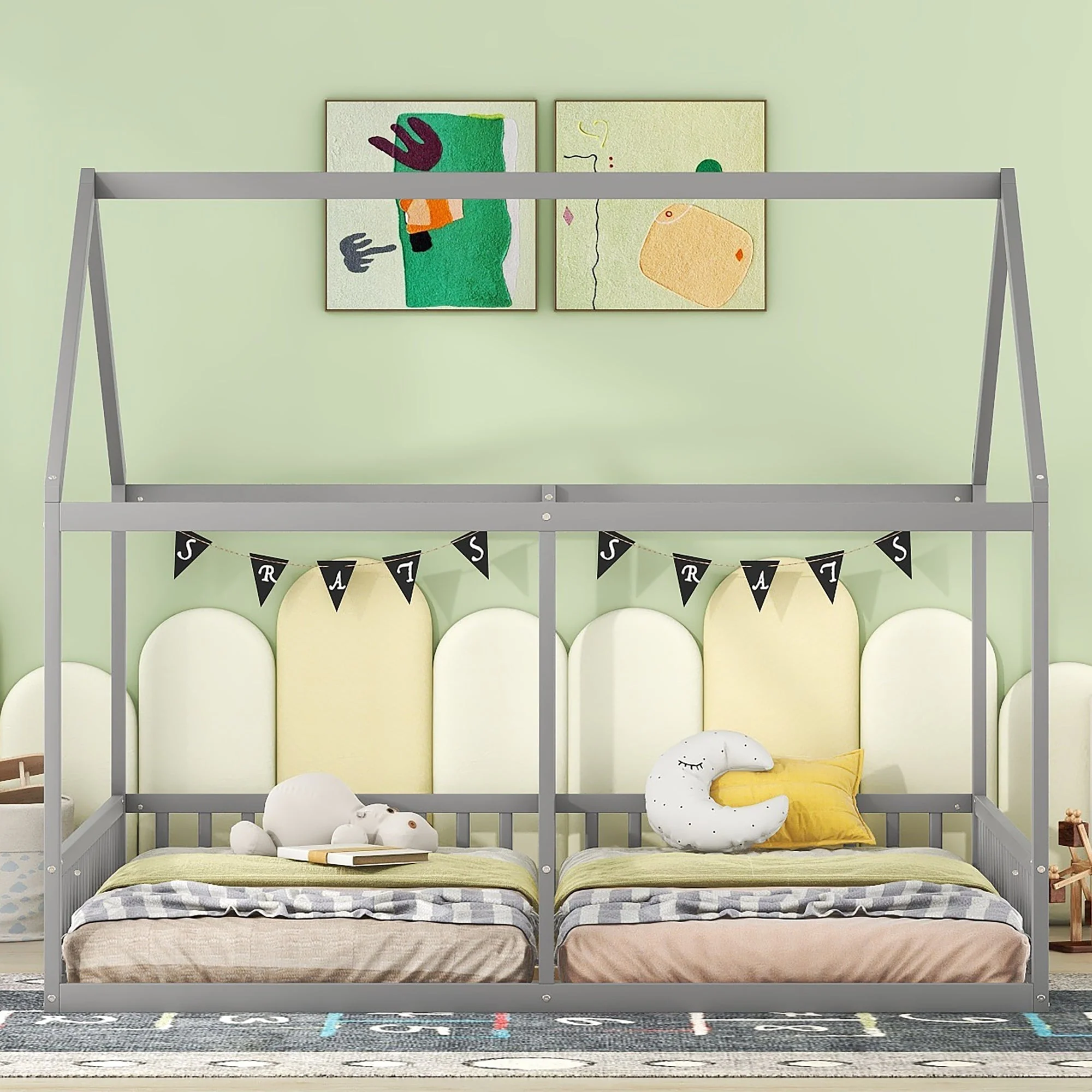 House Bed 90x200cm 2-in-1 Single Bed Grey - Image 2