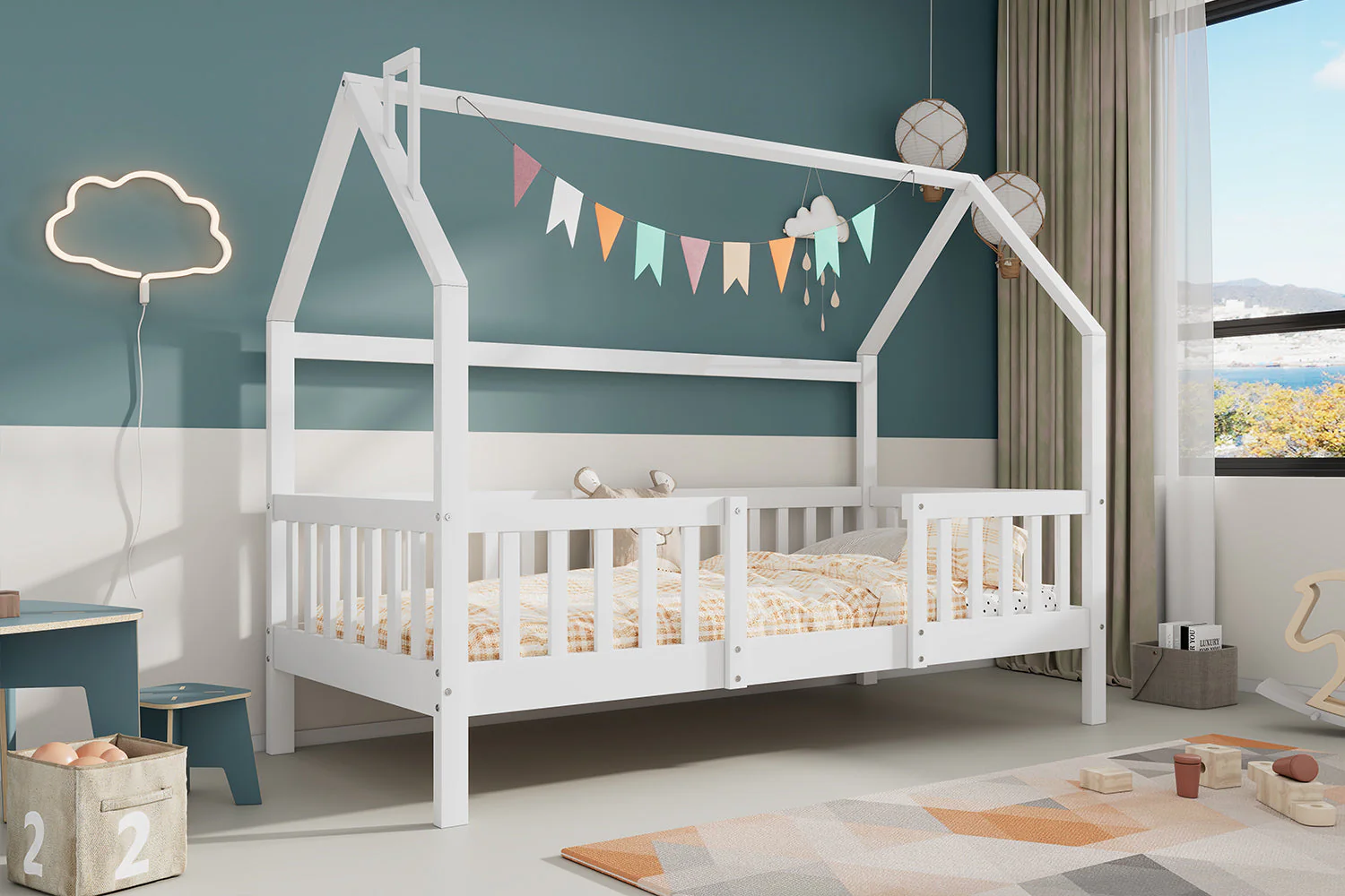 House Bed 90x200cm Chimney Slatted Base - White Pine Wood - Image 14