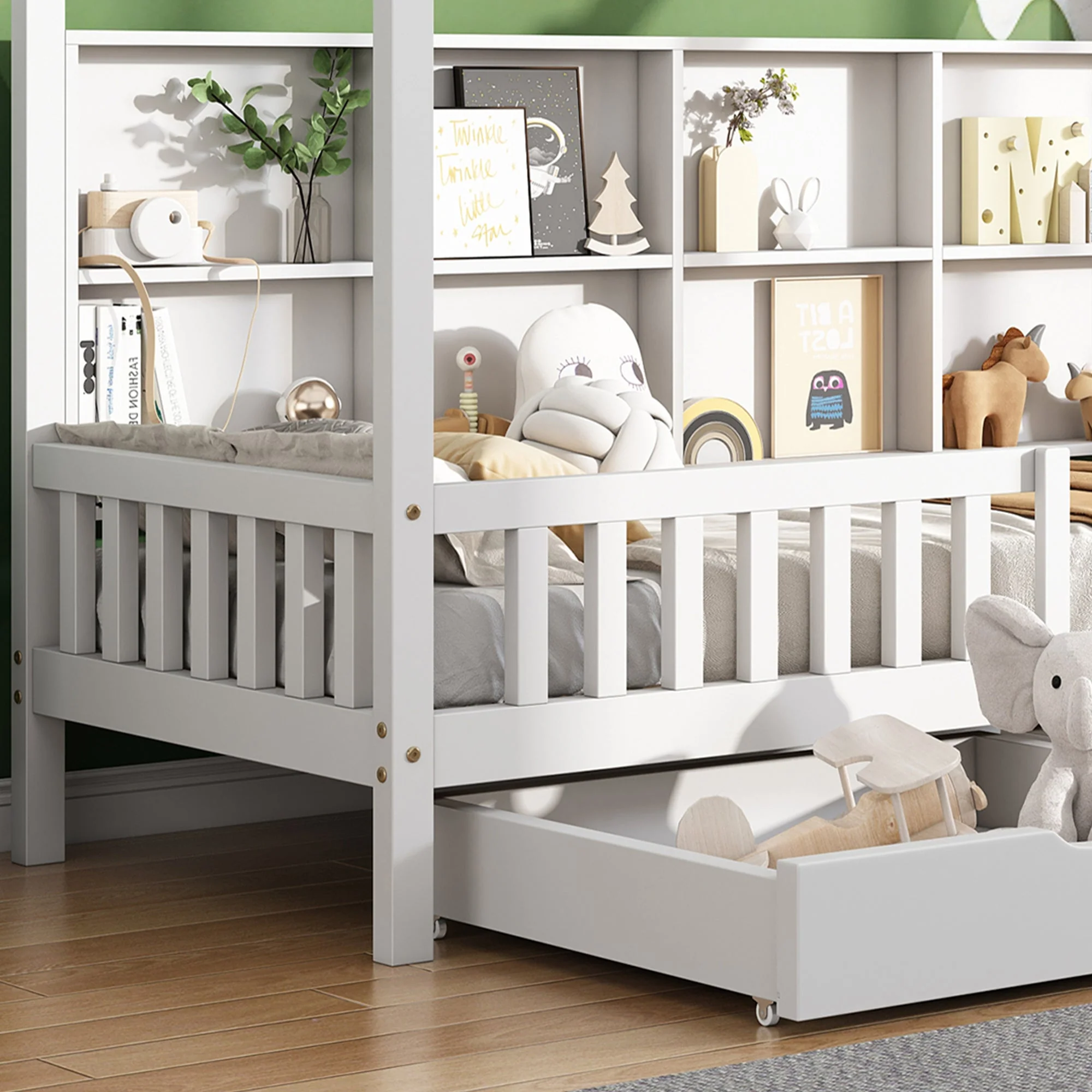 House Bed 90x200cm Multifunctional Storage Bookshelf 2 Drawers Fireplace Shape - White - Image 4