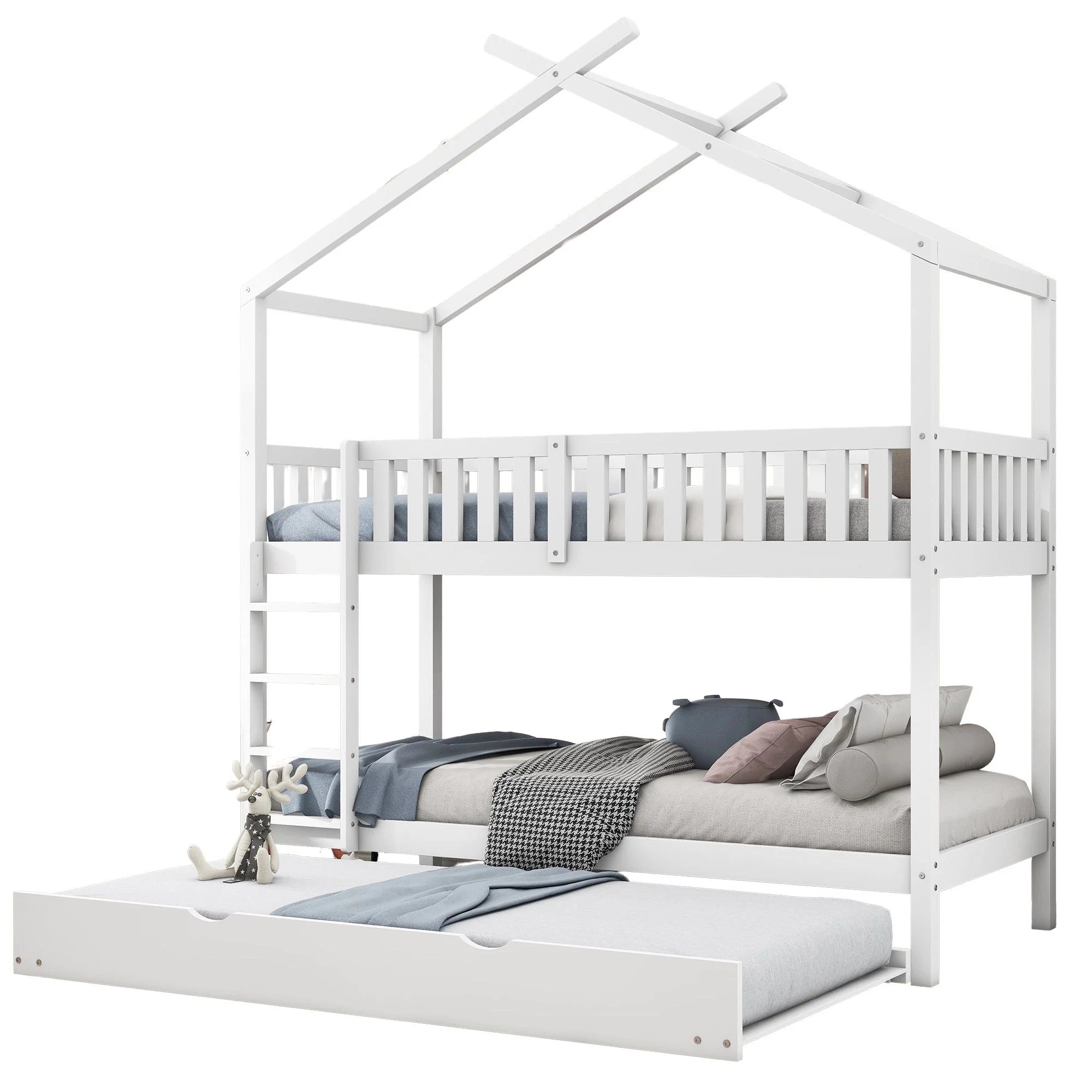 House Bed 90x200cm Triple Extendable Space-Saving - White - Image 6