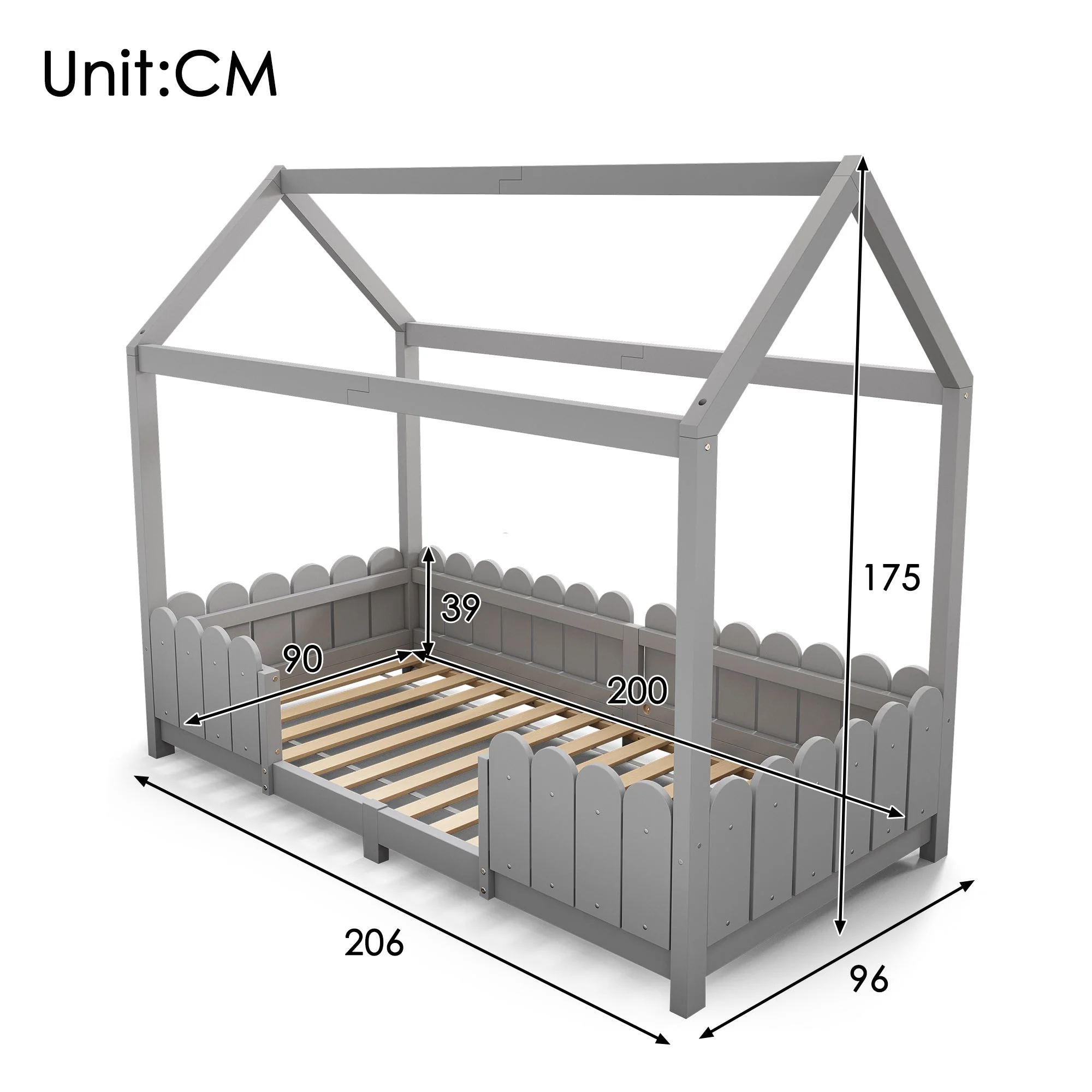House Bed 90x200cm Versatile Children's Bed with Fall Protection and Slatted Frame, Grey - Image 5