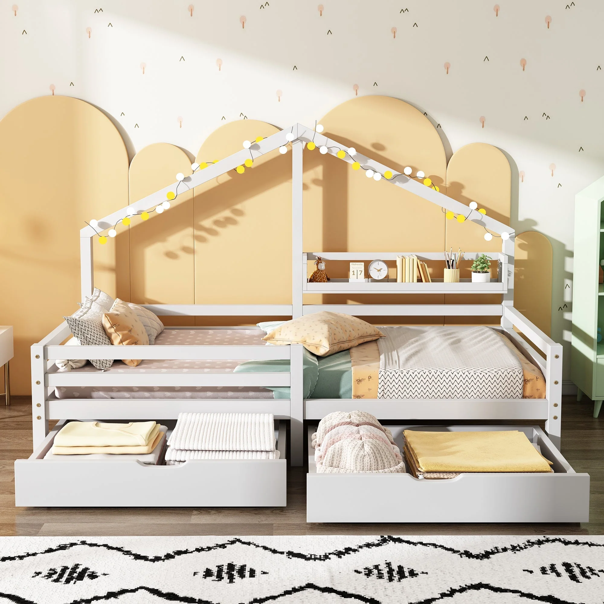 House Bed 90x200cm with Storage Shelf 2 Drawers Fireplace Design - White - Image 2