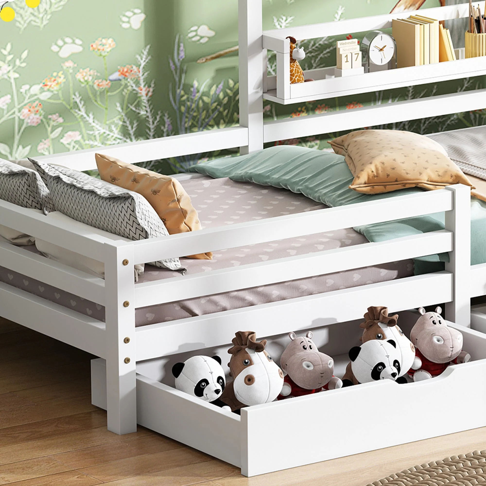 House Bed 90x200cm with Storage Shelf 2 Drawers Fireplace Design - White - Image 7