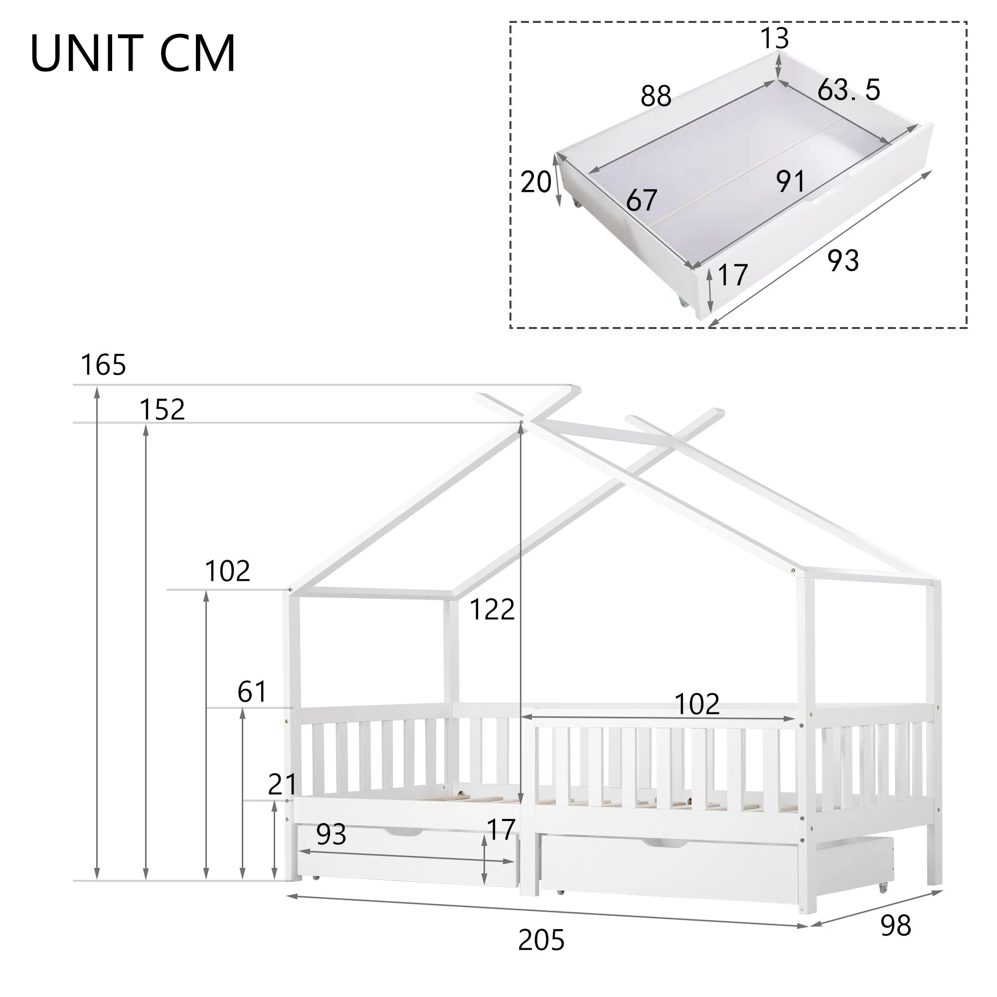 House Bed Children's, 2 Drawers Solid Wood Fence Fall Protection, White - Image 4