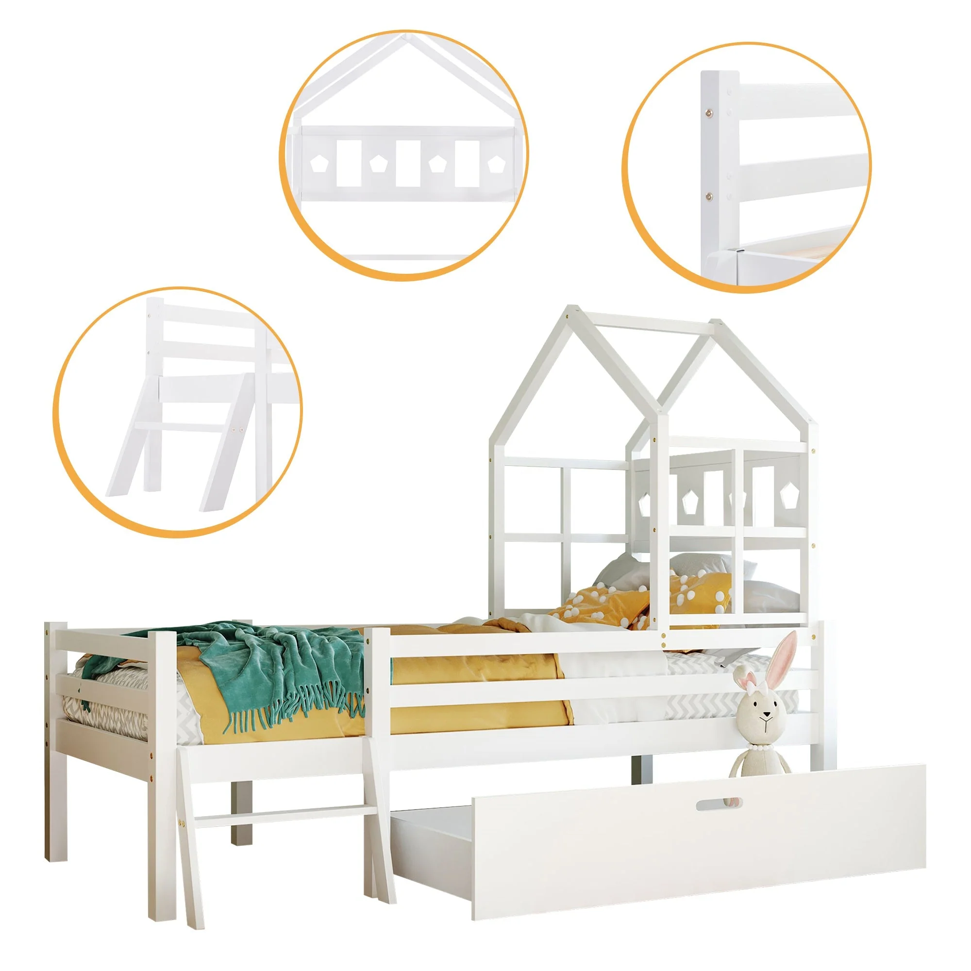 House Bed Children's, Ladder, Drawers, Loft Bed, Fall Protection, Solid Wood, 90x200cm White - Image 7