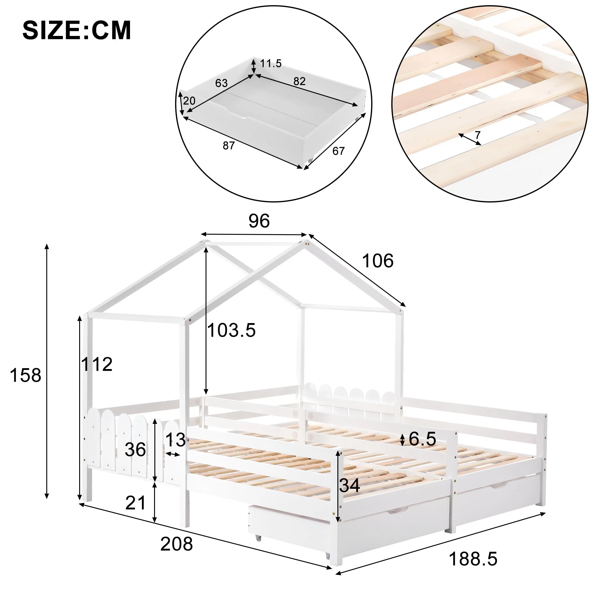 House Bed, Double Kids Cot with 2 MDF Drawers, Pine Slatted Frame, White - Image 6