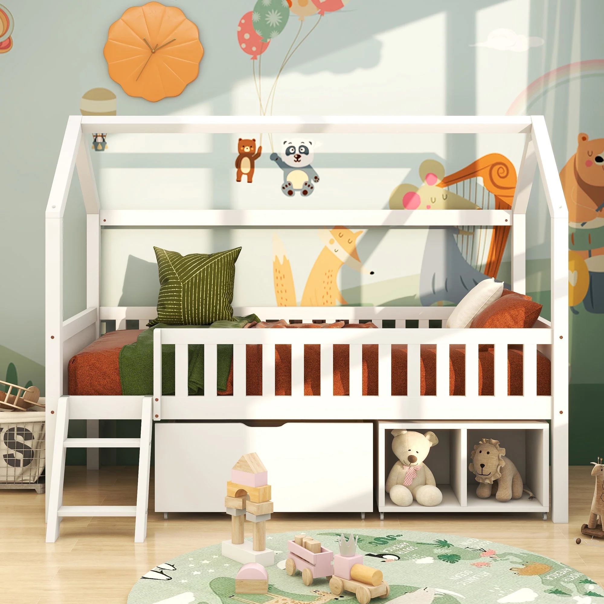 House Bed for Children and Youth 200x90 with Drawers, Storage and Anti-Drop Railing, White Pine - Image 4