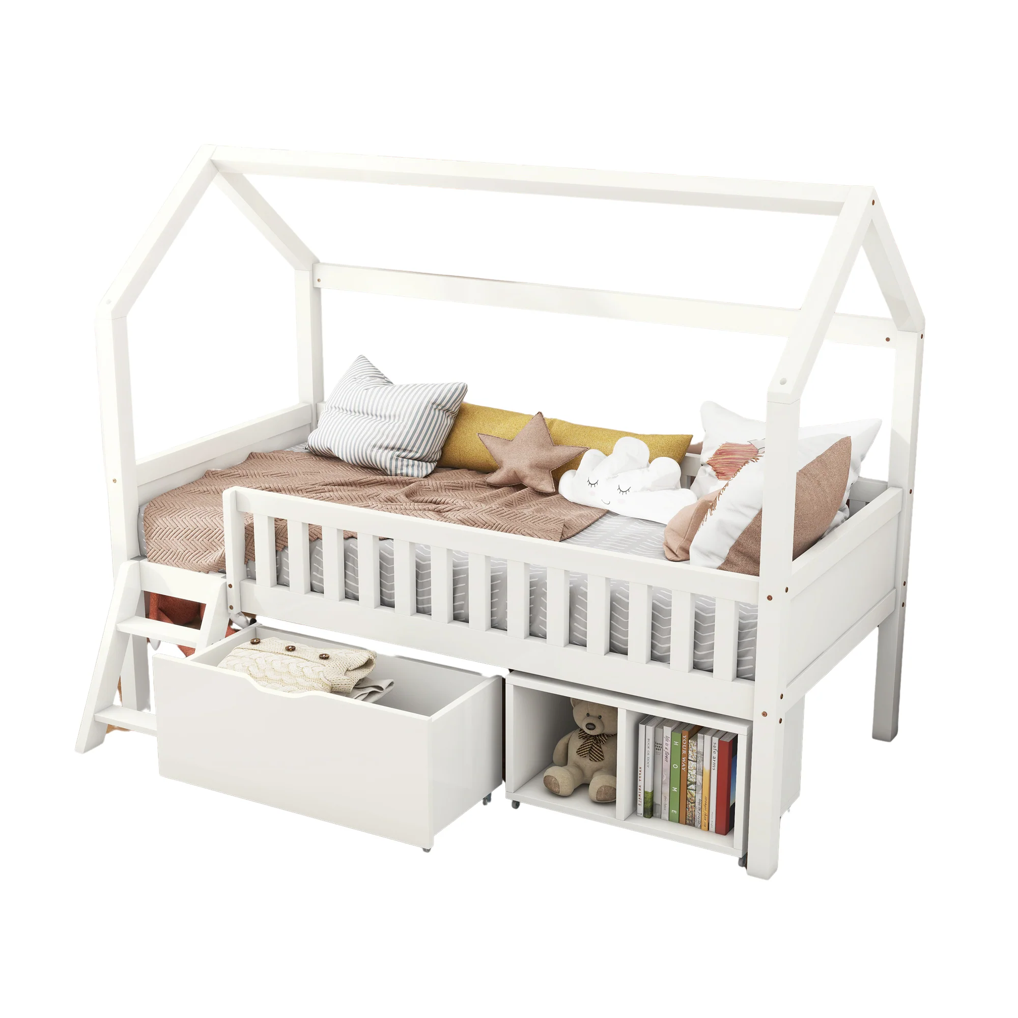 House Bed for Children and Youth 200x90 with Drawers, Storage and Anti-Drop Railing, White Pine - Image 7