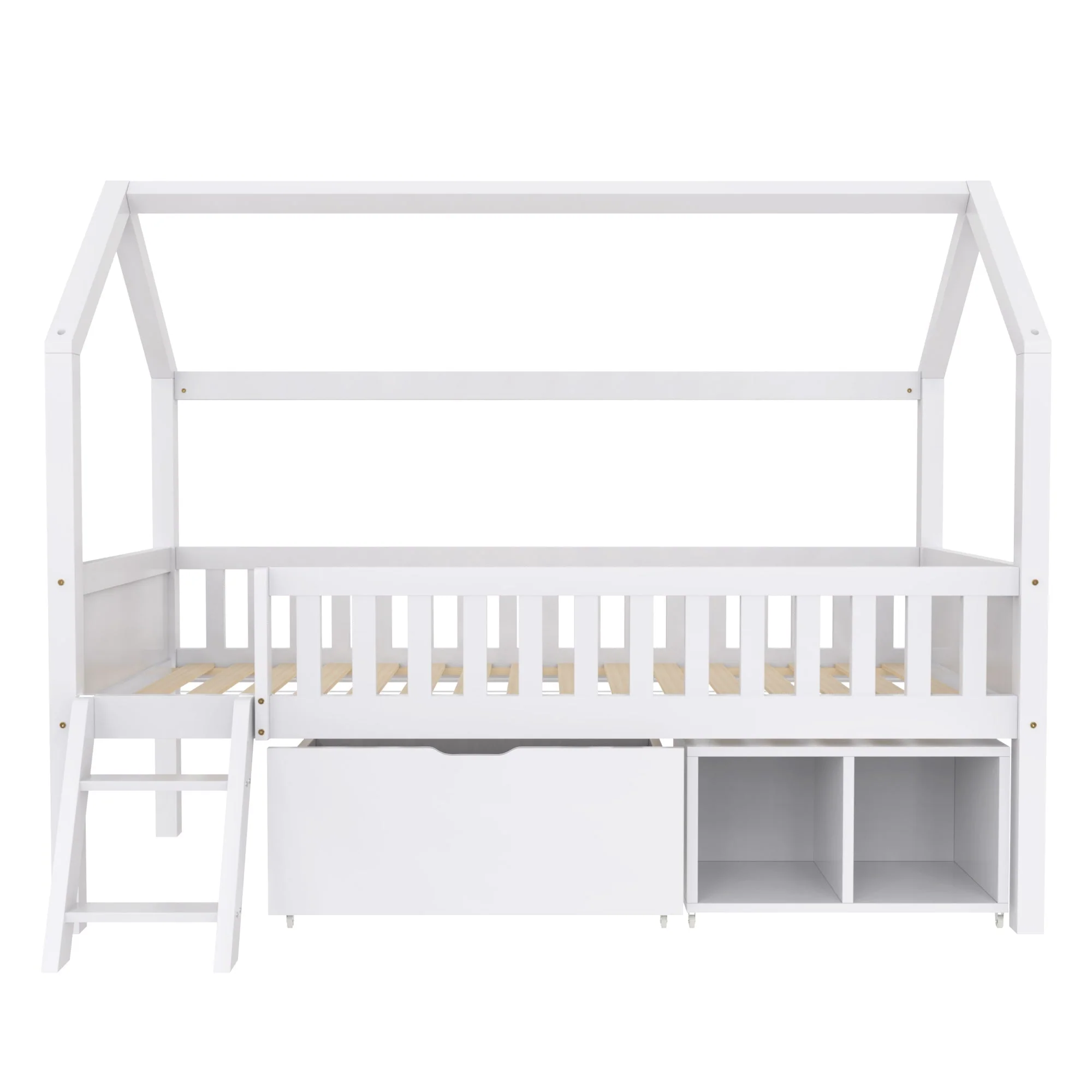 House Bed for Children and Youth 200x90 with Drawers, Storage and Anti-Drop Railing, White Pine - Image 9