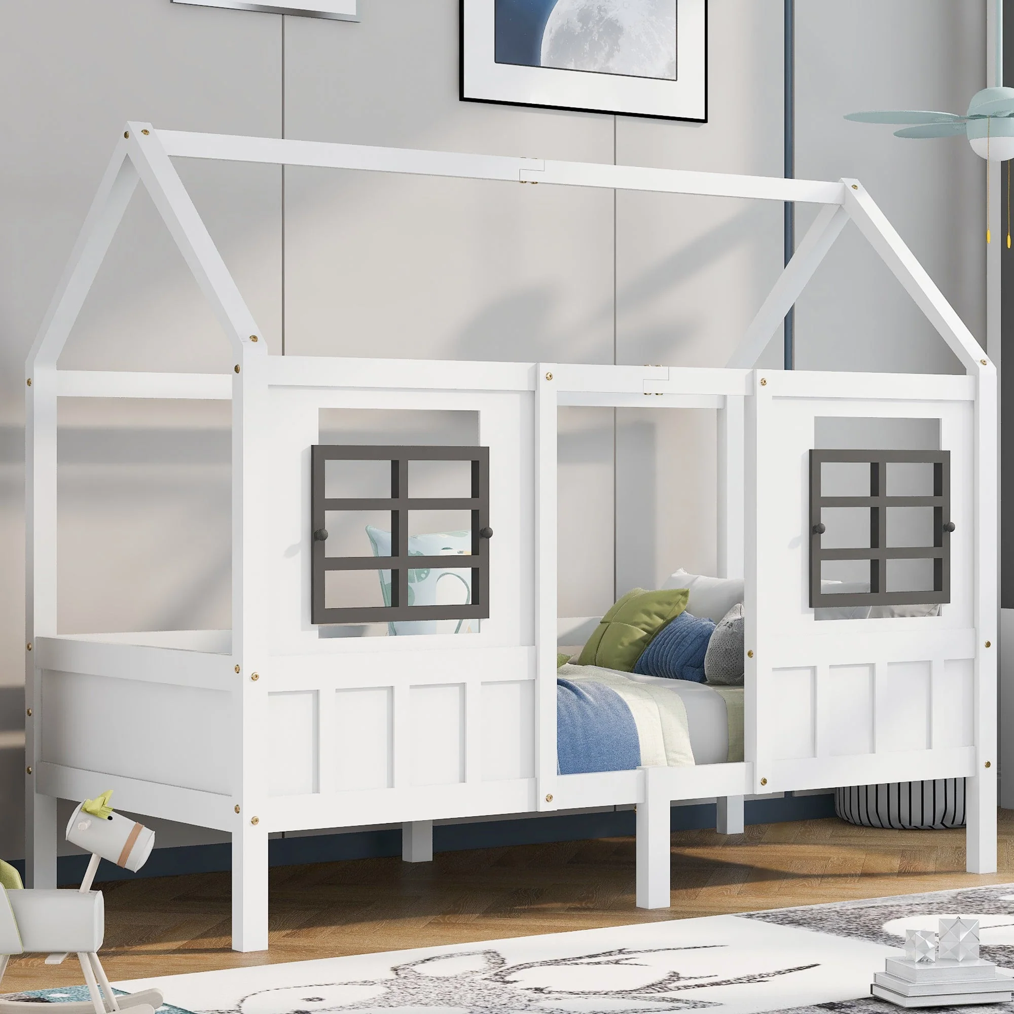 House Bed, Single Day Children's Bed with 2 Windows, Pine MDF, White - Image 3