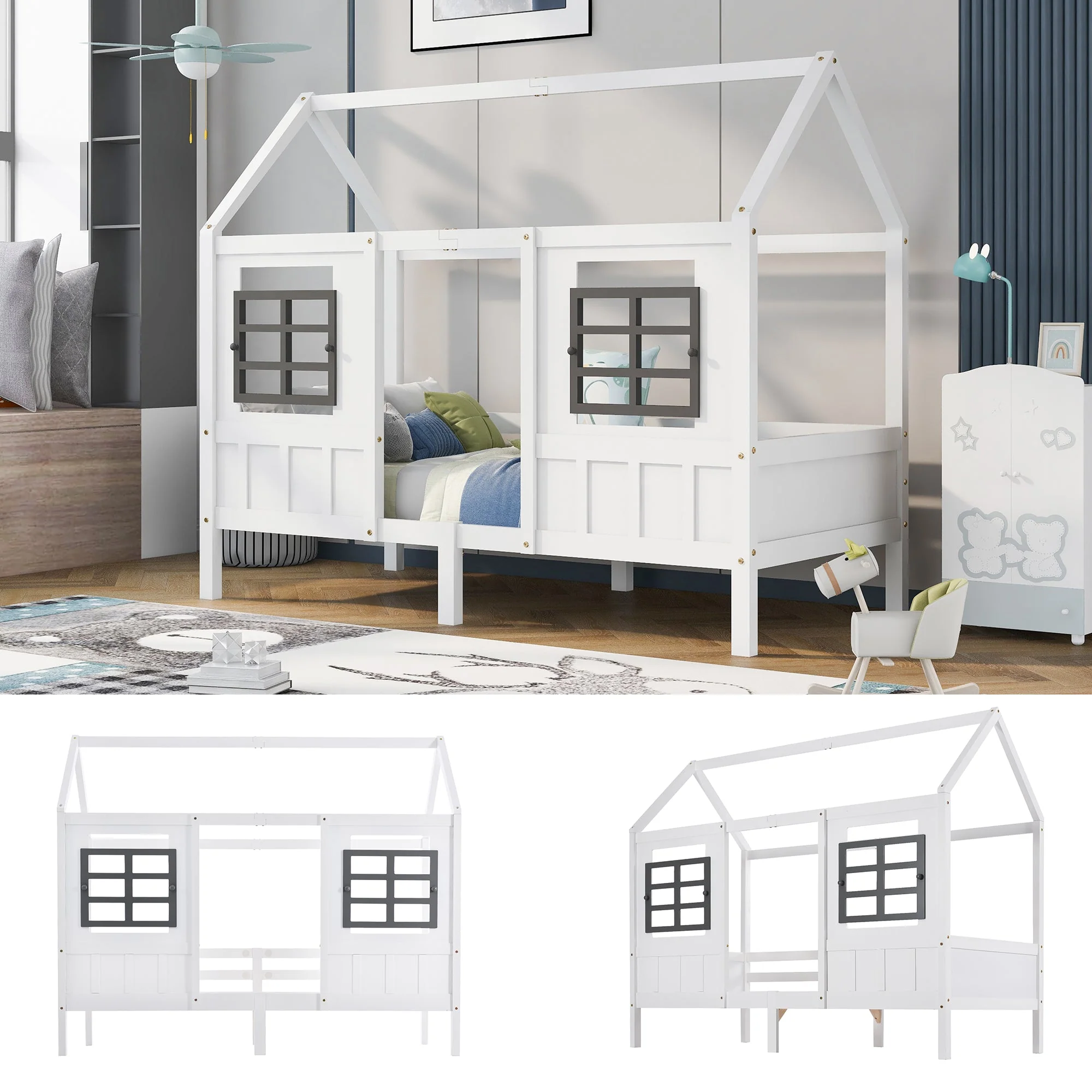 House Bed, Single Day Children's Bed with 2 Windows, Pine MDF, White - Image 5