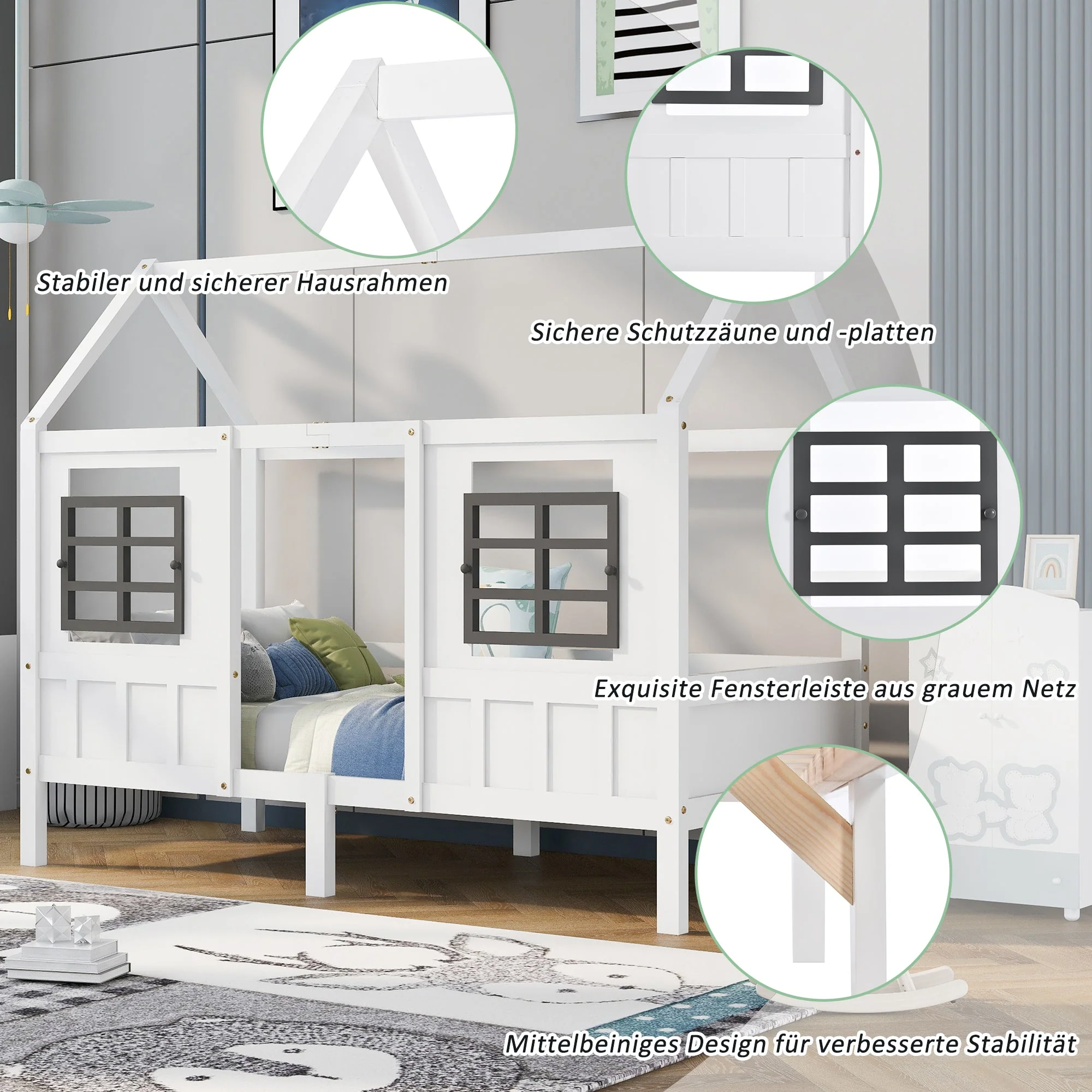 House Bed, Single Day Children's Bed with 2 Windows, Pine MDF, White - Image 6