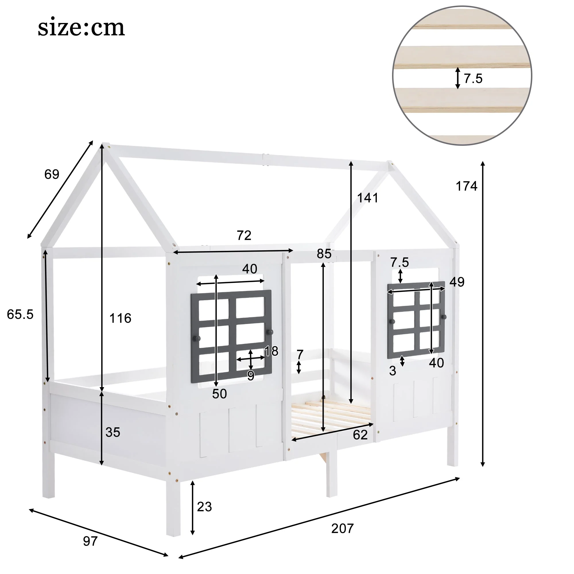 House Bed, Single Day Children's Bed with 2 Windows, Pine MDF, White - Image 8
