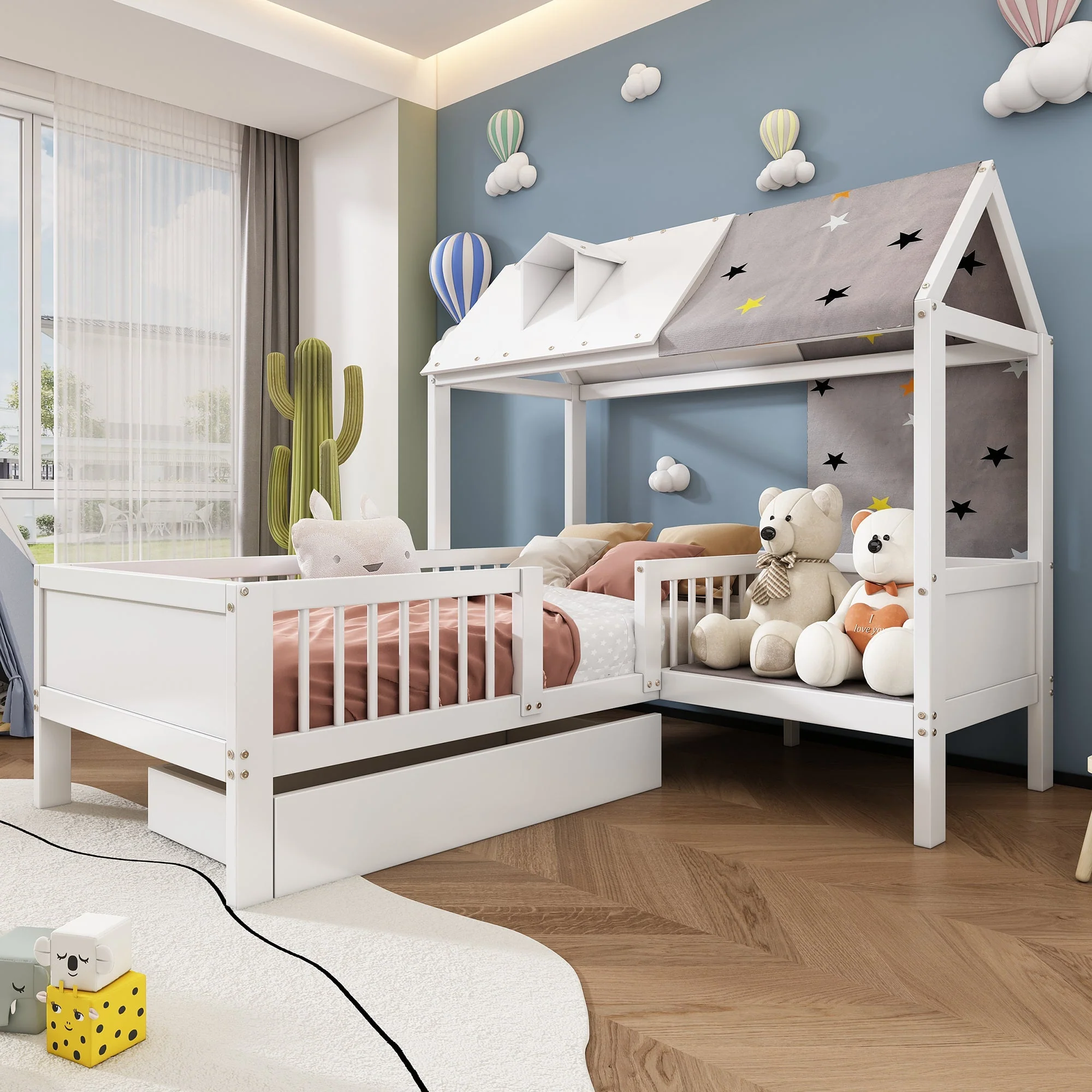 House Bed Single Multifunctional Tent Drawers 90x200cm - White Wood - Image 4