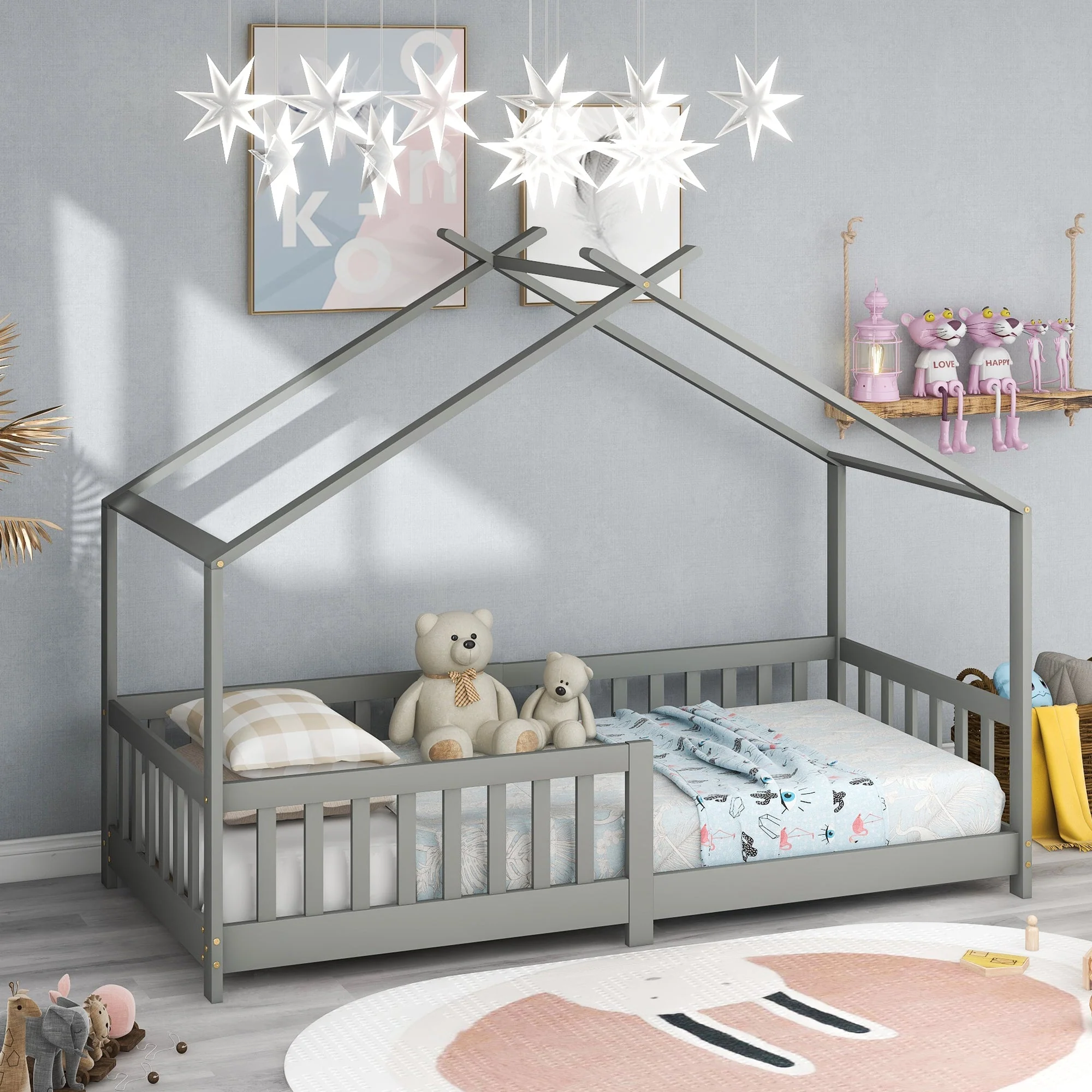 House Bed, Solid Wood with Fence & Fall Protection, Gray - Image 5