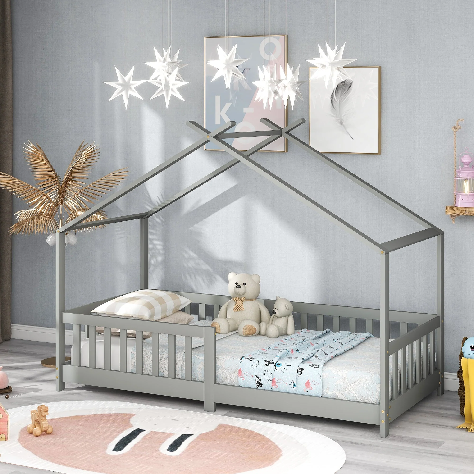 House Bed, Solid Wood with Fence & Fall Protection, Gray - Image 8