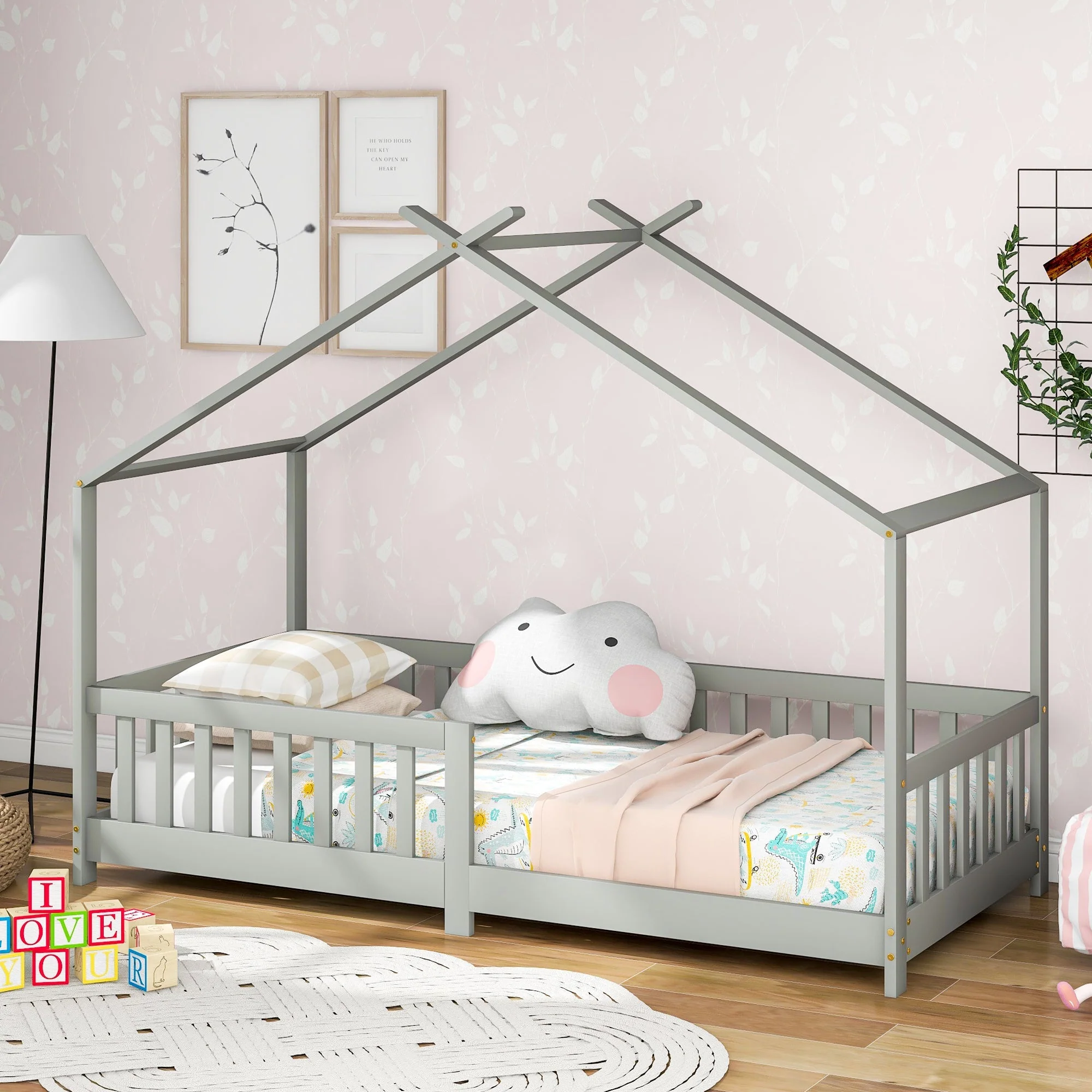 House Bed, Solid Wood with Fence & Fall Protection, Gray - Image 9