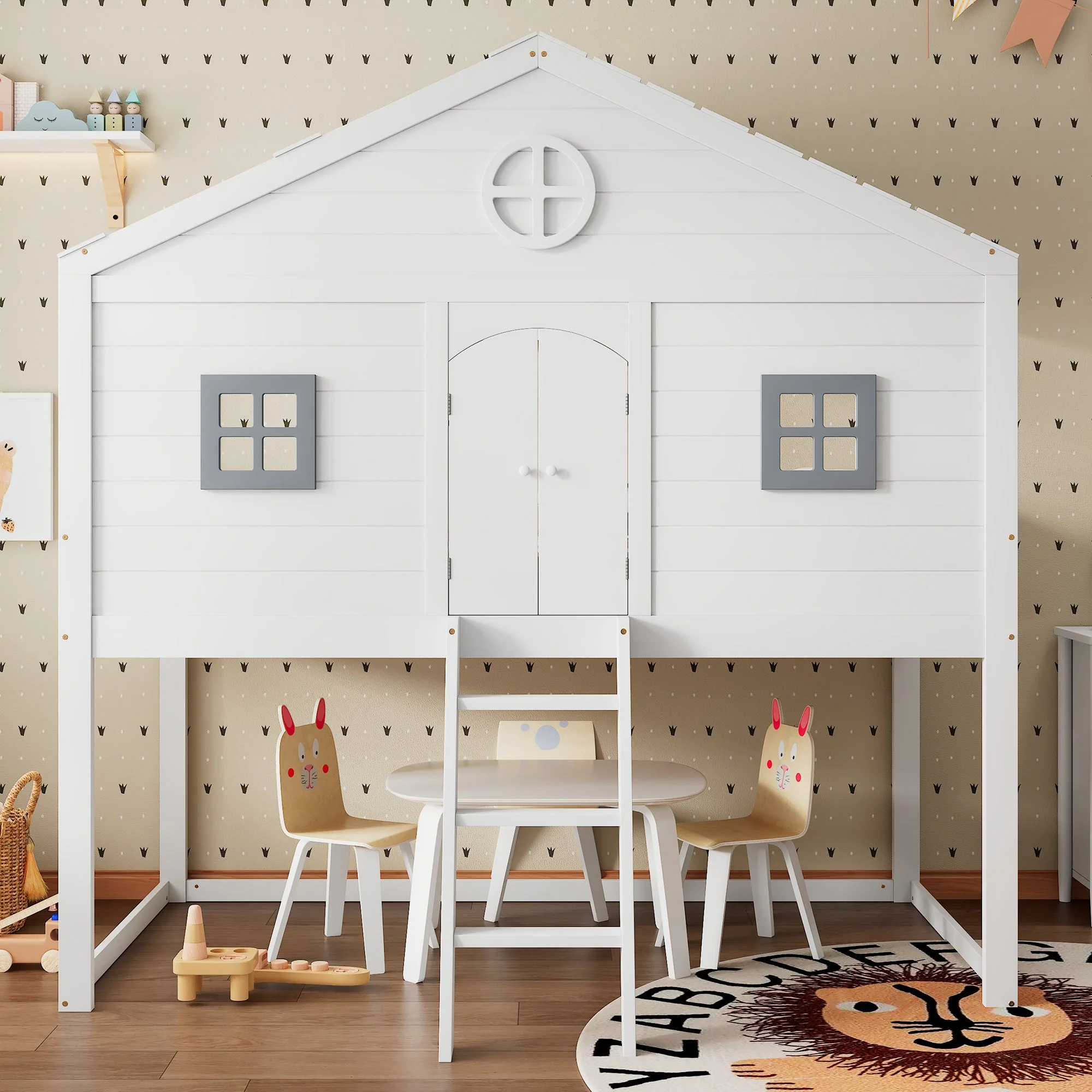 House Bed, Stairs, Safety Rail & Gate, Pine & MDF, White & Grey - Image 2