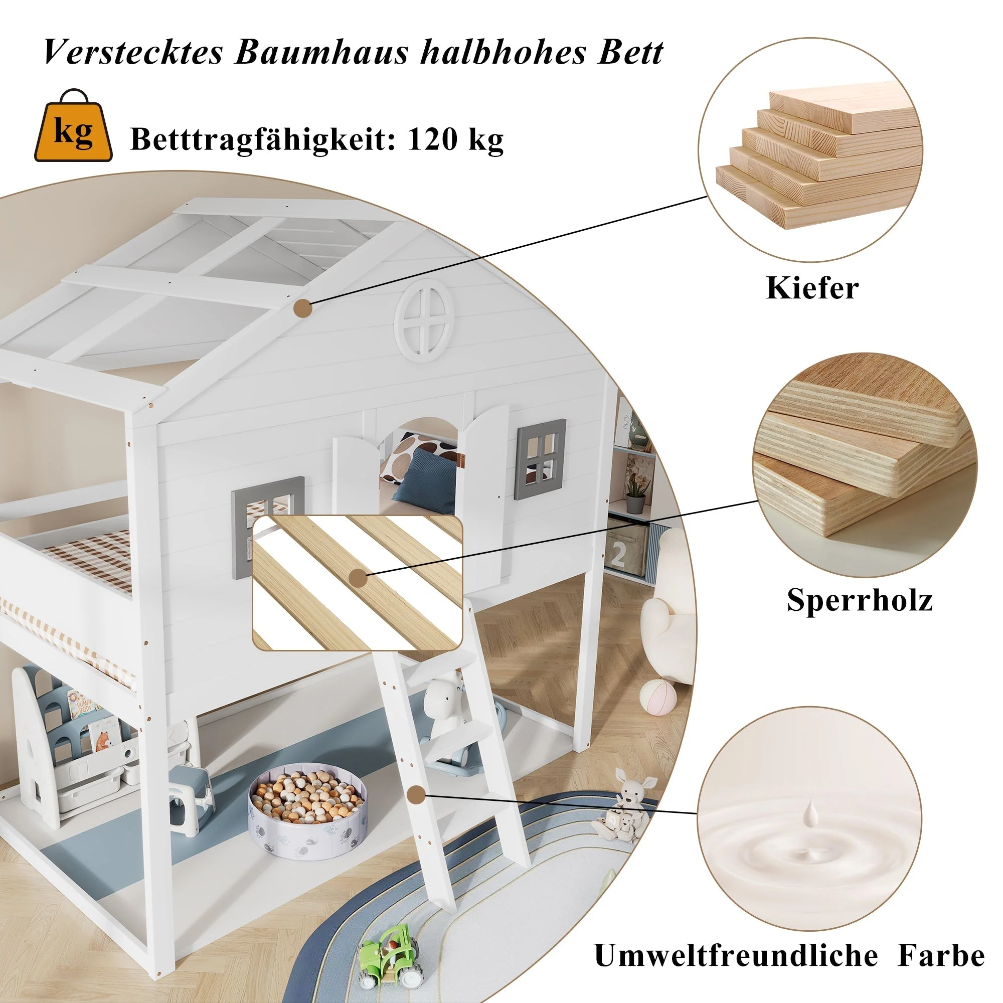 House Bed, Stairs, Safety Rail & Gate, Pine & MDF, White & Grey - Image 5