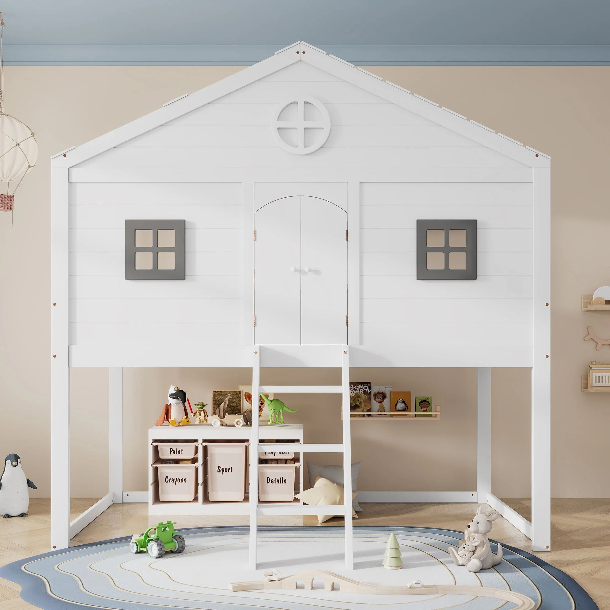 House Bed, Stairs, Safety Rail & Gate, Pine & MDF, White & Grey - Image 8
