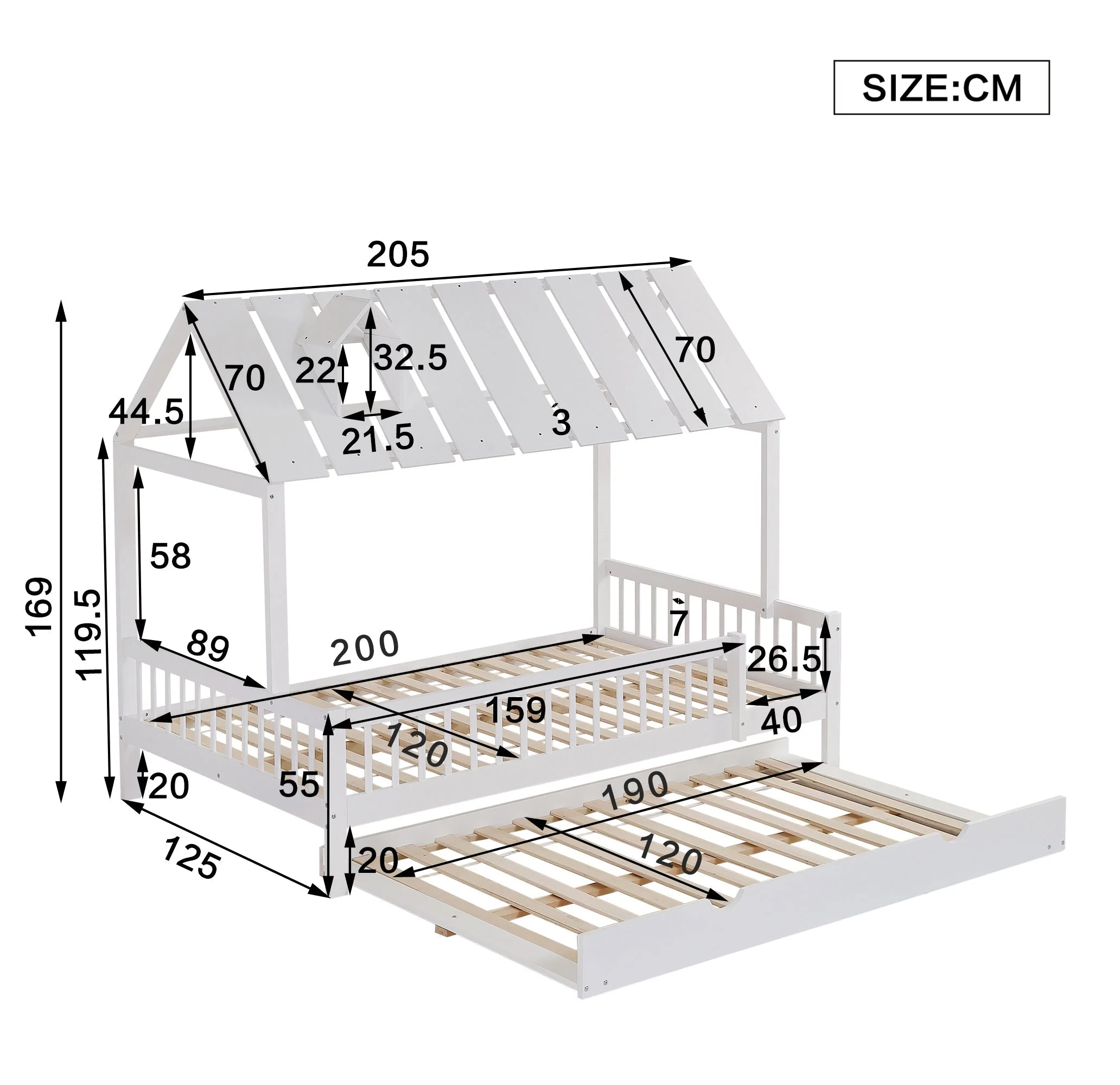 House Bed, Trundle Bed with Chimney, 3-Sided Rail, Pine+MDF, White - Image 3