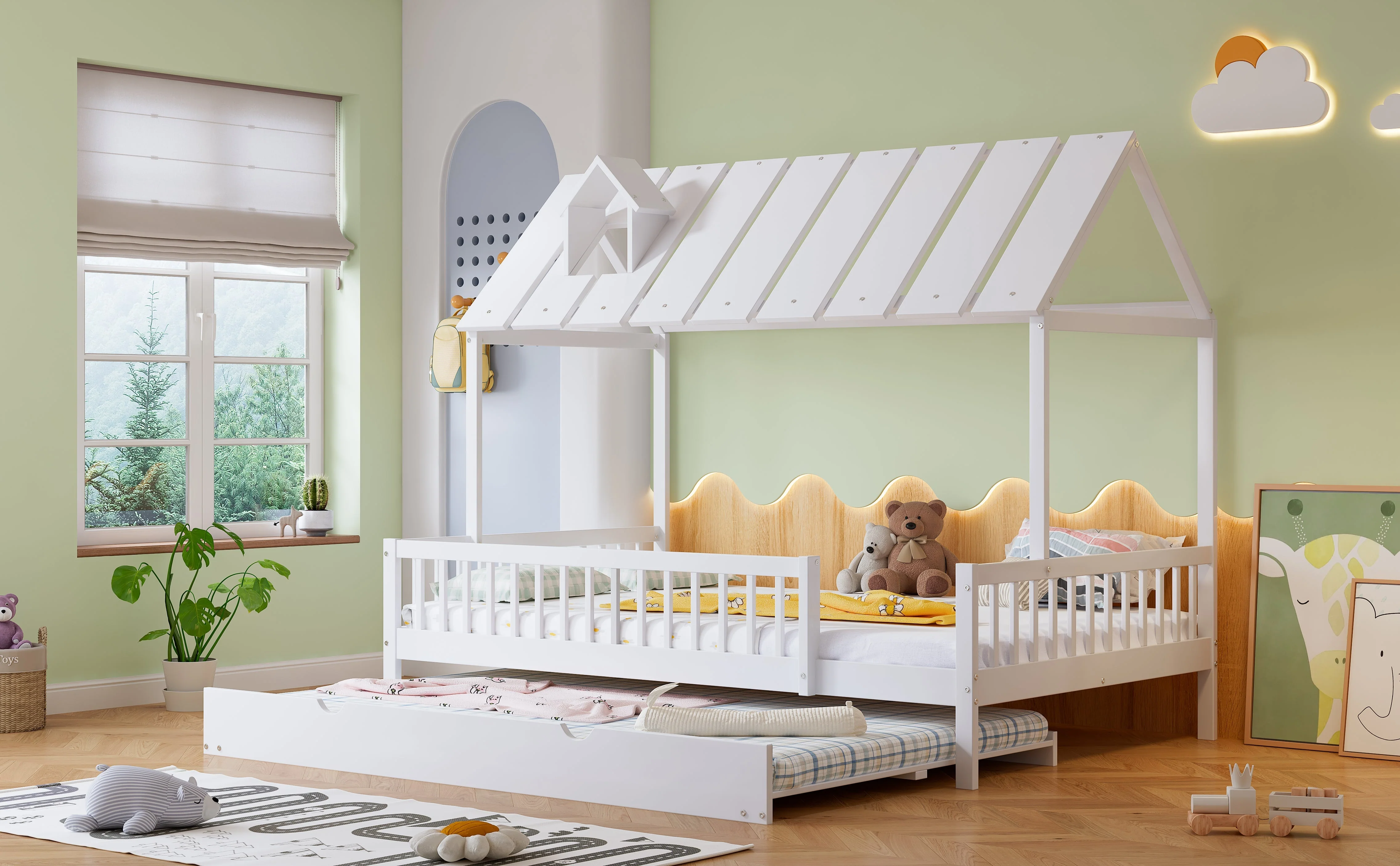 House Bed, Trundle Bed with Chimney, 3-Sided Rail, Pine+MDF, White - Image 4